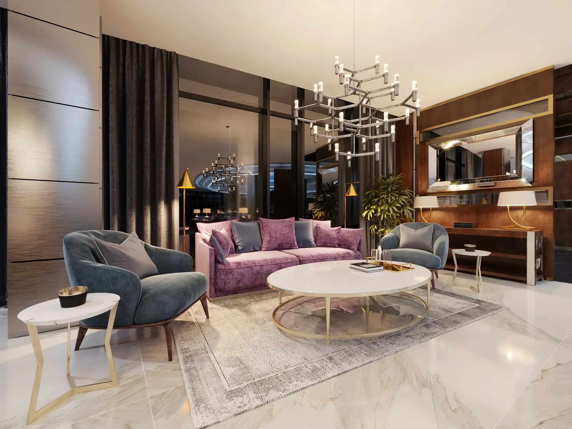 Luxurious living room with mauve sofa, blue armchairs, modern chandelier, and city views.