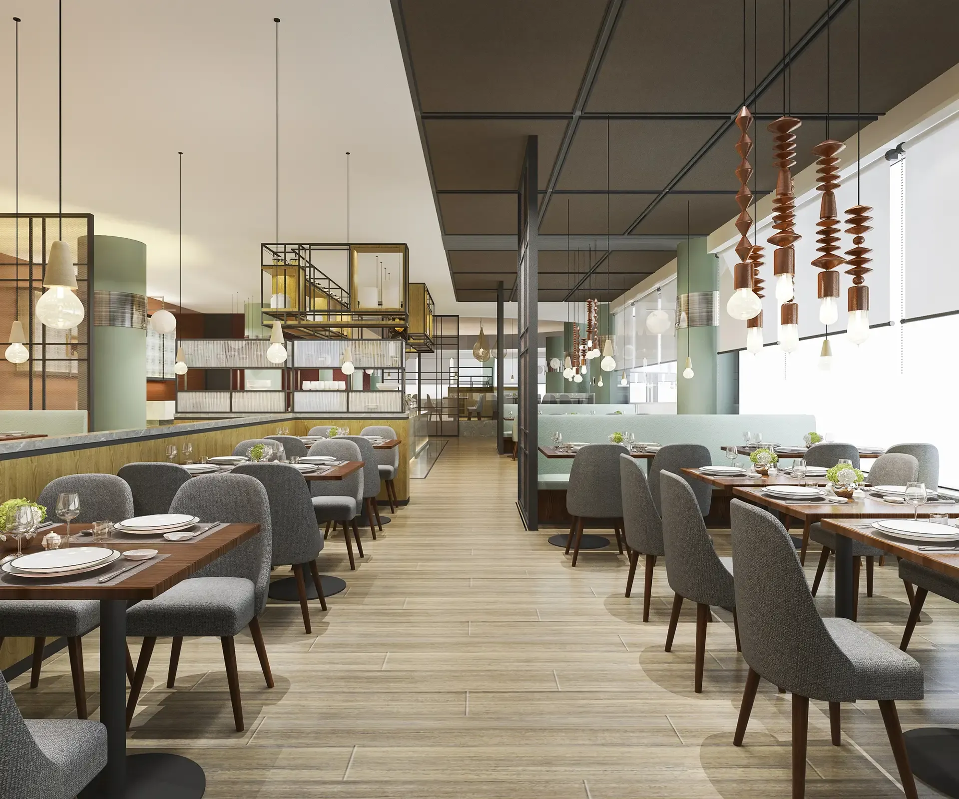Interior view of a restaurant with tables, chairs, and overhead lighting. Wooden floors and neutral color scheme.