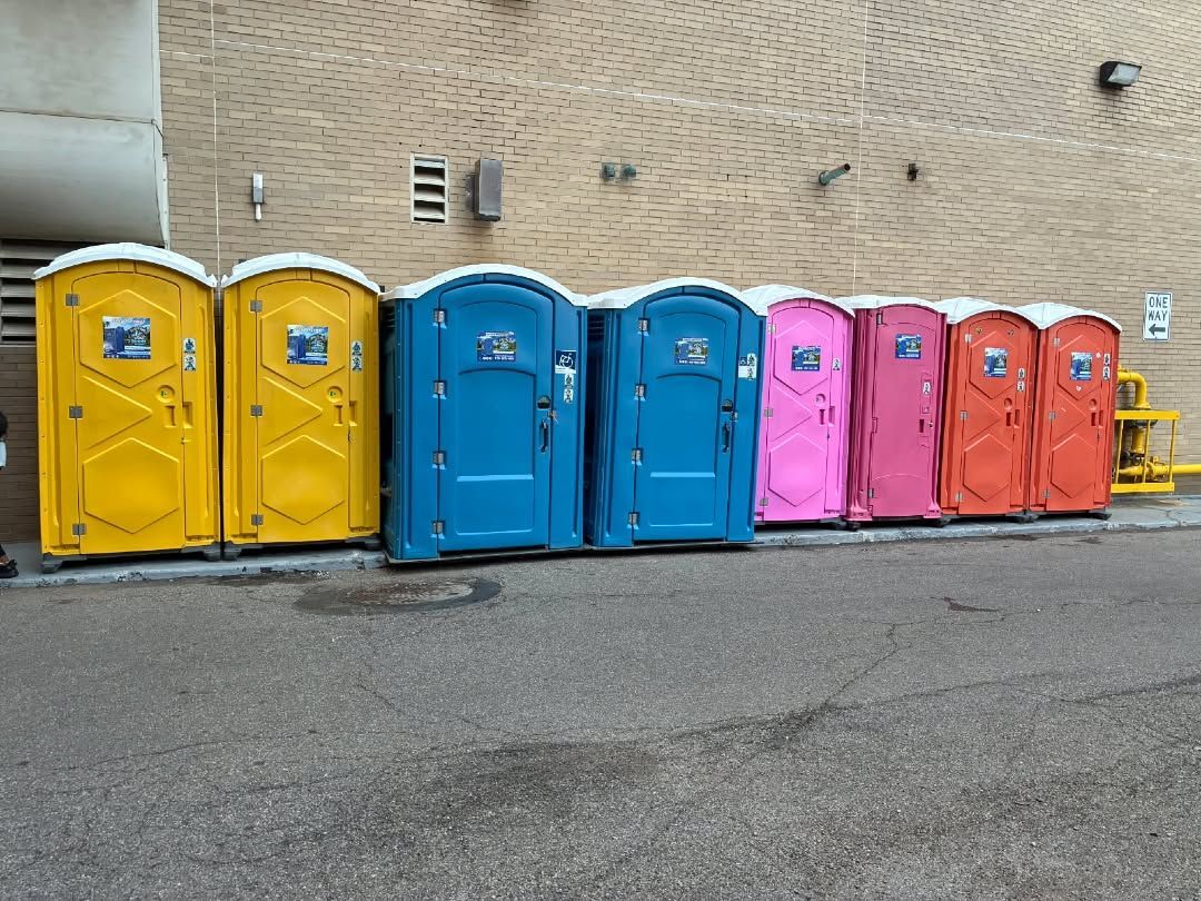 Colorful portable toilets lined up outside a building for an outdoor event.