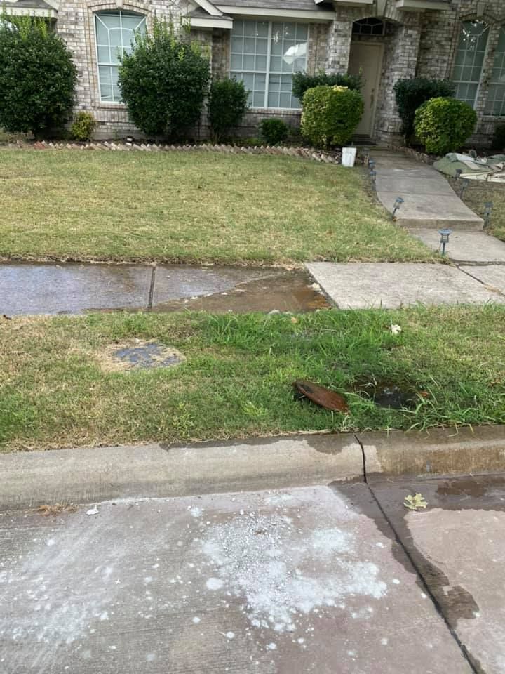 Damaged sidewalk and curb in front of a house with patchy lawn and shrubs