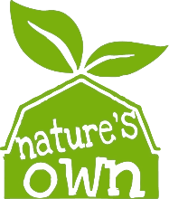 The logo for nature 's own is a green barn with two leaves on top of it.