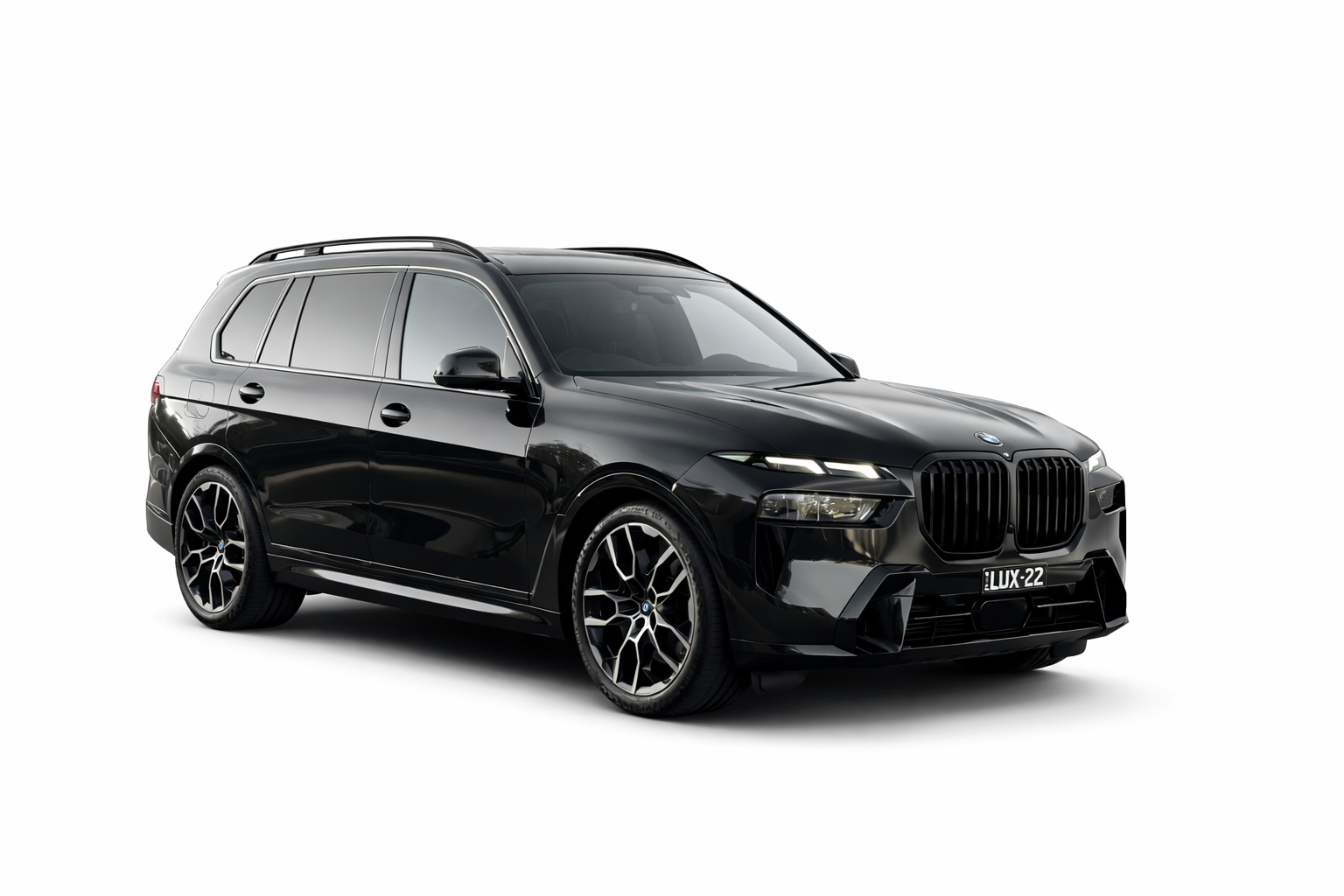Black BMW X7 SUV. Front view.