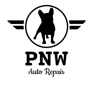 PNW Auto Repair logo with a black dog silhouette in a circle and winged stripes