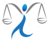 Blue figure holding gray scales of justice.