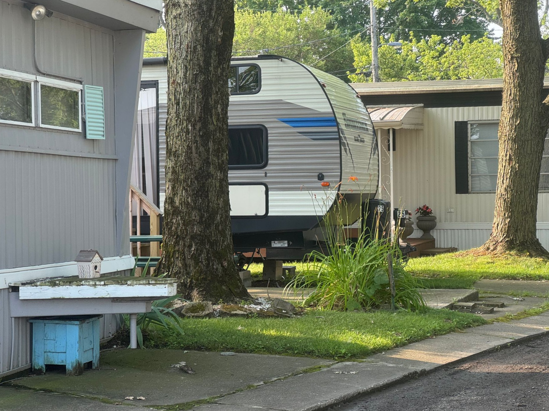 Small camper trailer parked beside a gray house in a tree-lined residential driveway.