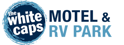 The White Caps Motel & RV Park logo with blue circular emblem and bold navy text