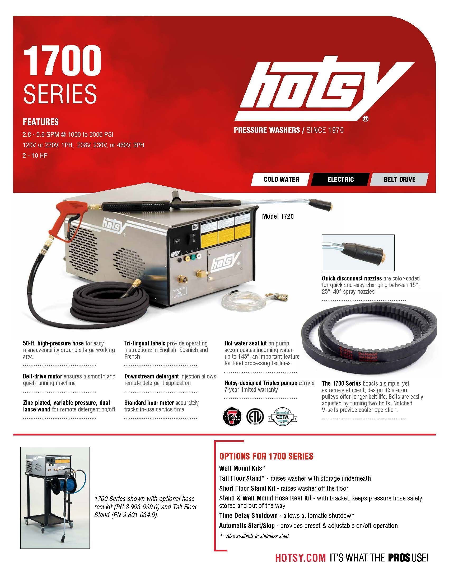 Hotsy 1700 Series pressure washer brochure with machine, hose, wand, and red header