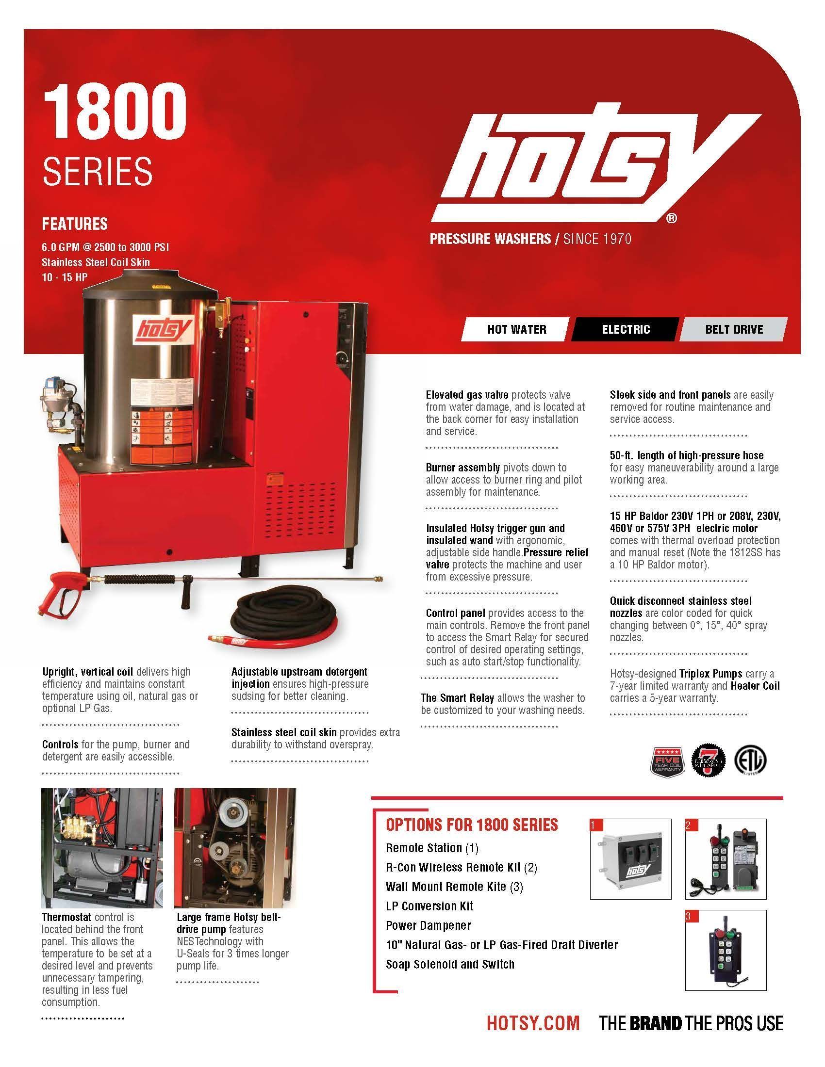 Hotsy 1800 Series pressure washer brochure with red machine and product features layout