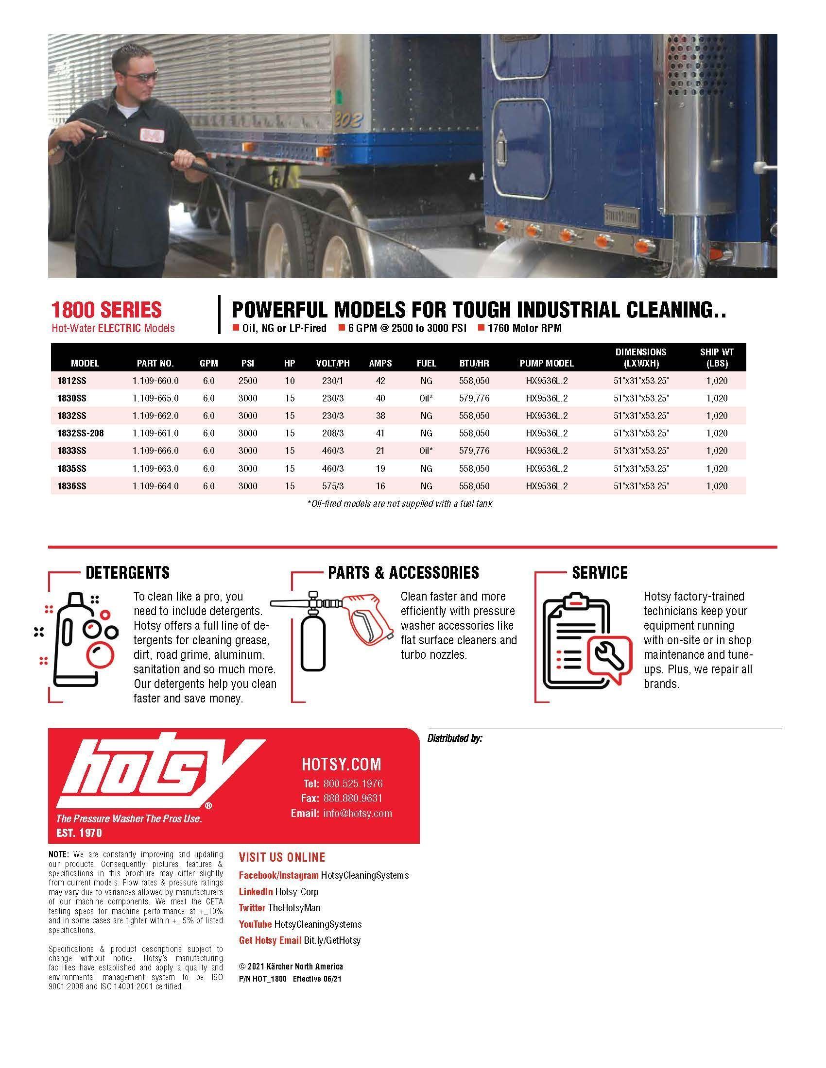Industrial equipment catalog page showing a man using a red hydraulic tool beside a blue truck, with specs and product details.
