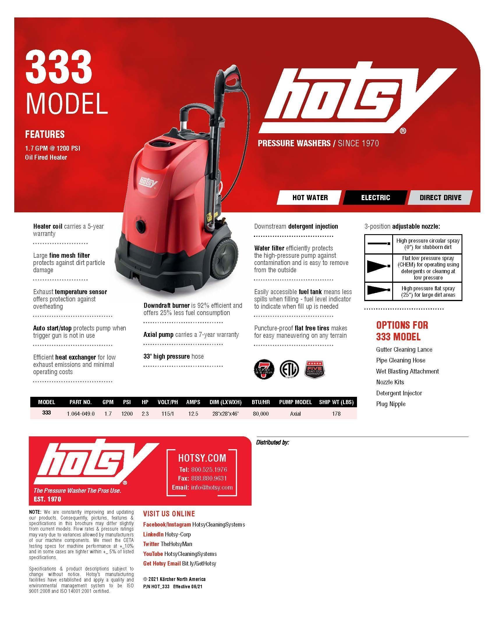 HotSy 333 red vacuum cleaner product brochure with specs and feature details