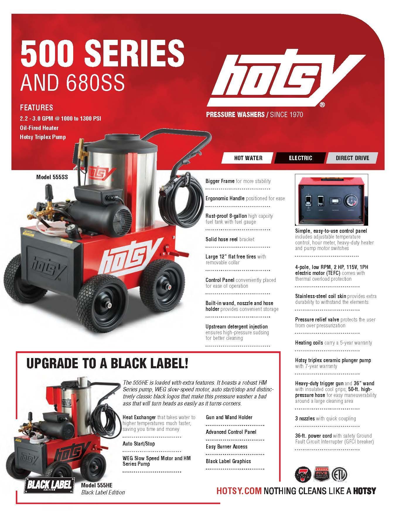 Hotsy 500 Series and 680SS pressure washer brochure with red header and product photos