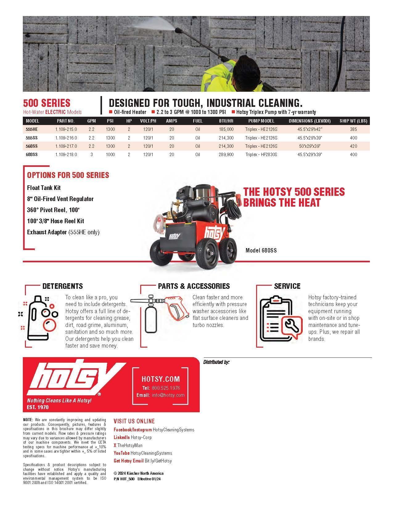 Hoty 500 Series industrial cleaner flyer with specs, features, and a red machine on a gray background