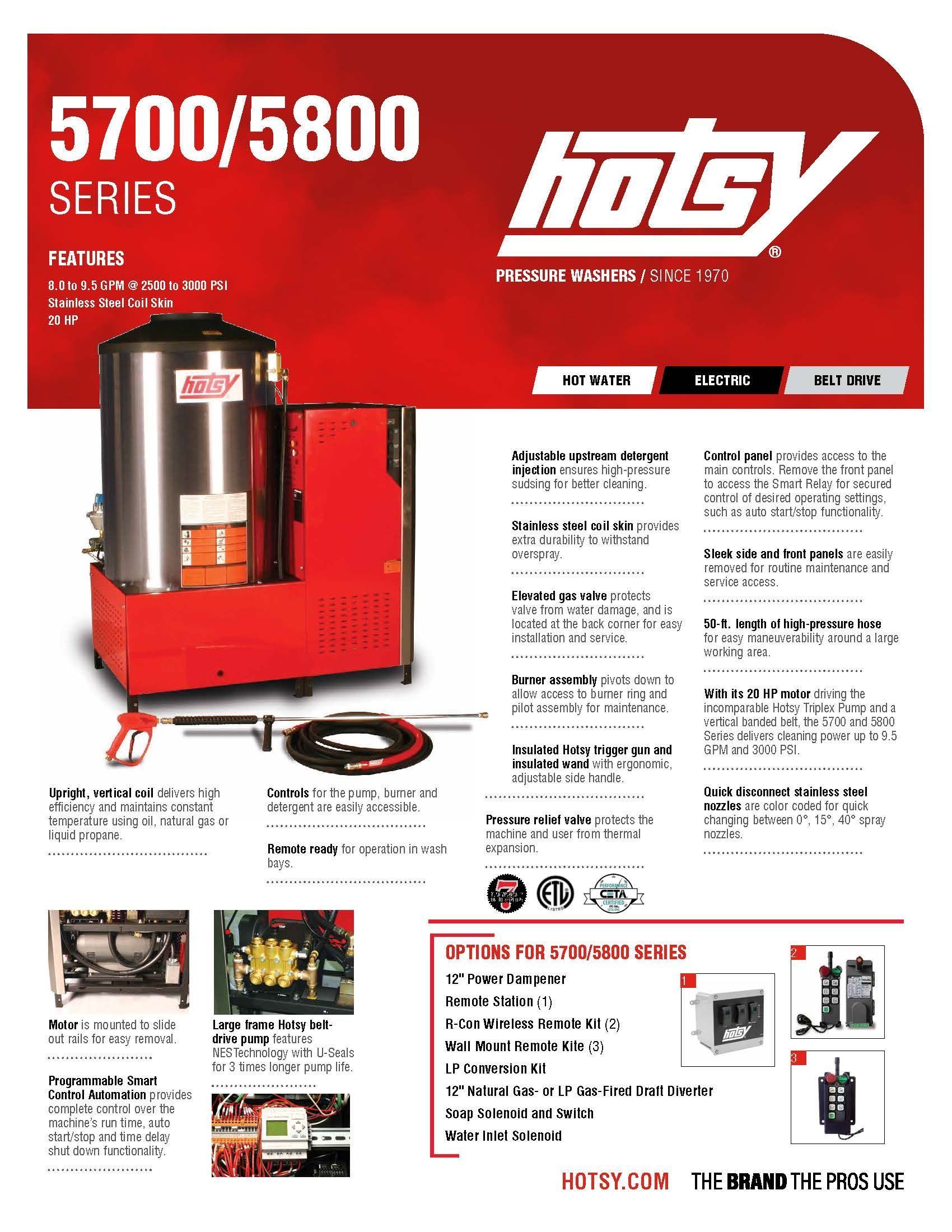 Hotsy 5700/5800 series pressure washer product brochure with red machine and specs