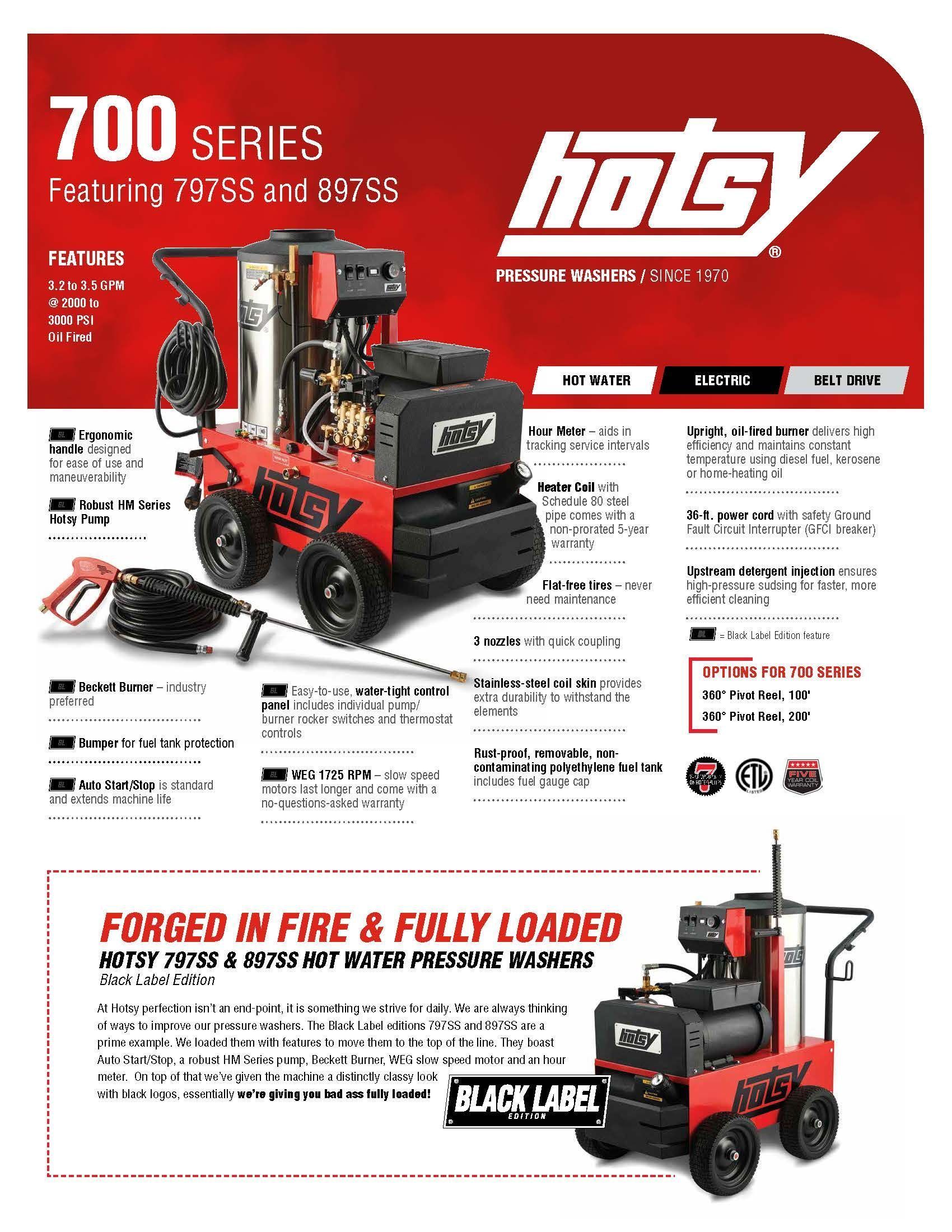 Hotsy 700 Series product flyer showing a red industrial hot-water pressure washer