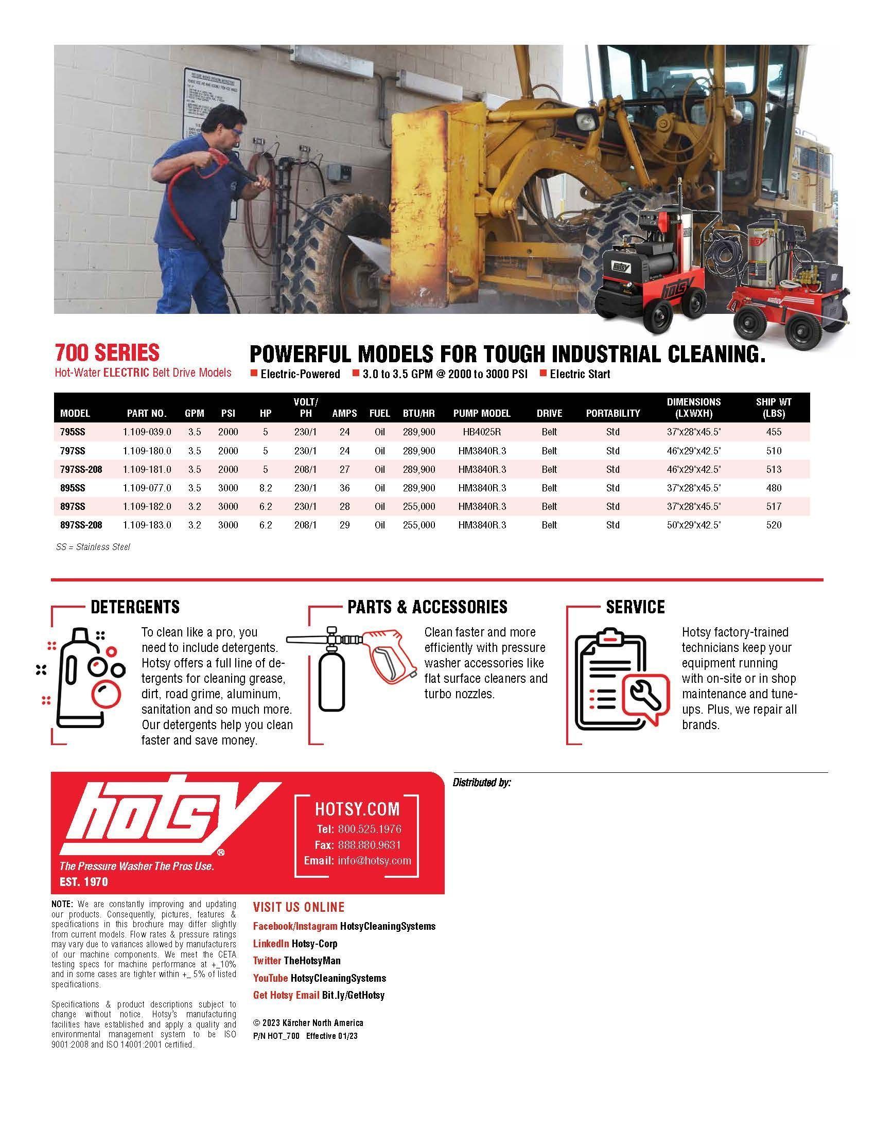 Industrial cleaning equipment brochure with yellow machine, worker, and pricing/specification table