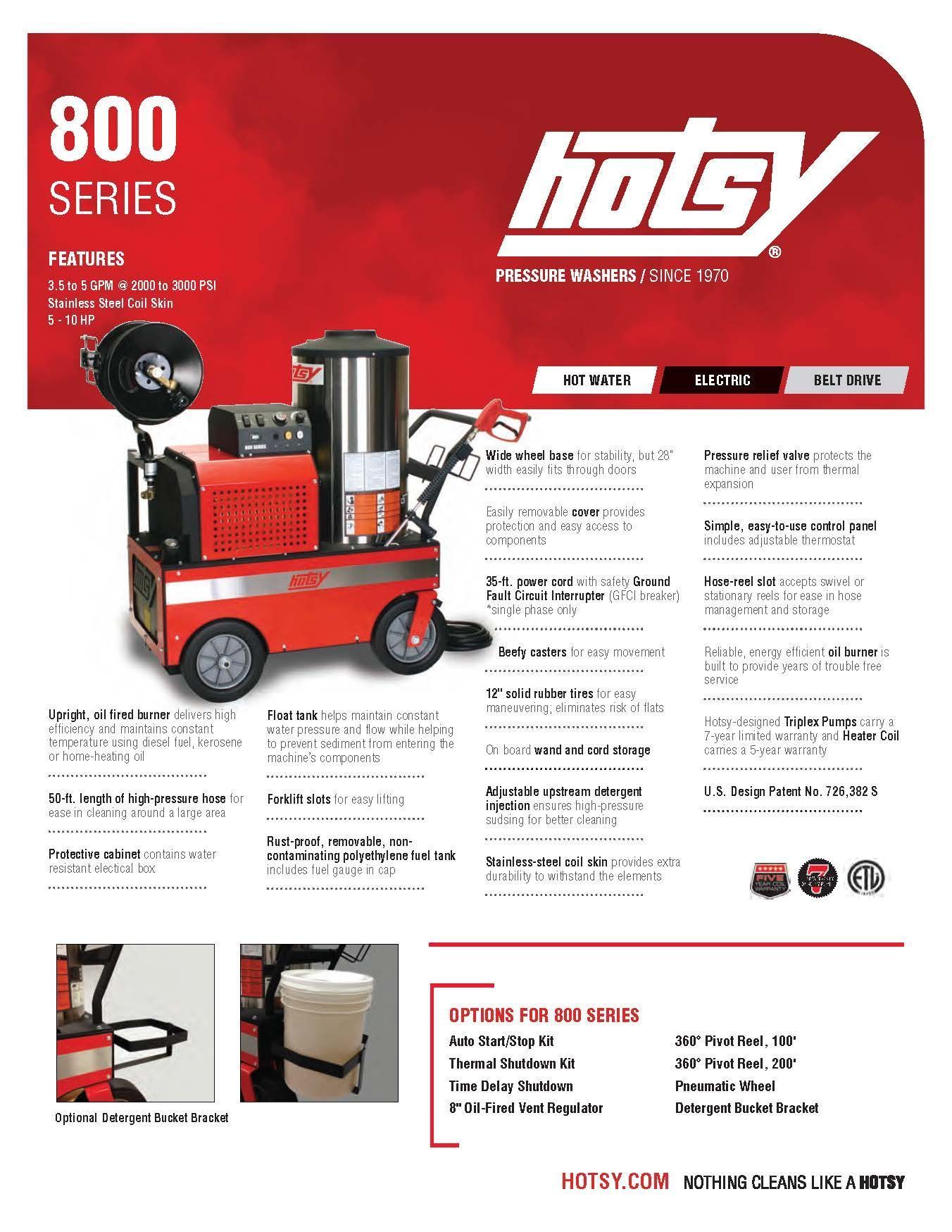 Hotsy 800 Series pressure washer product sheet with red pressure washer and feature details