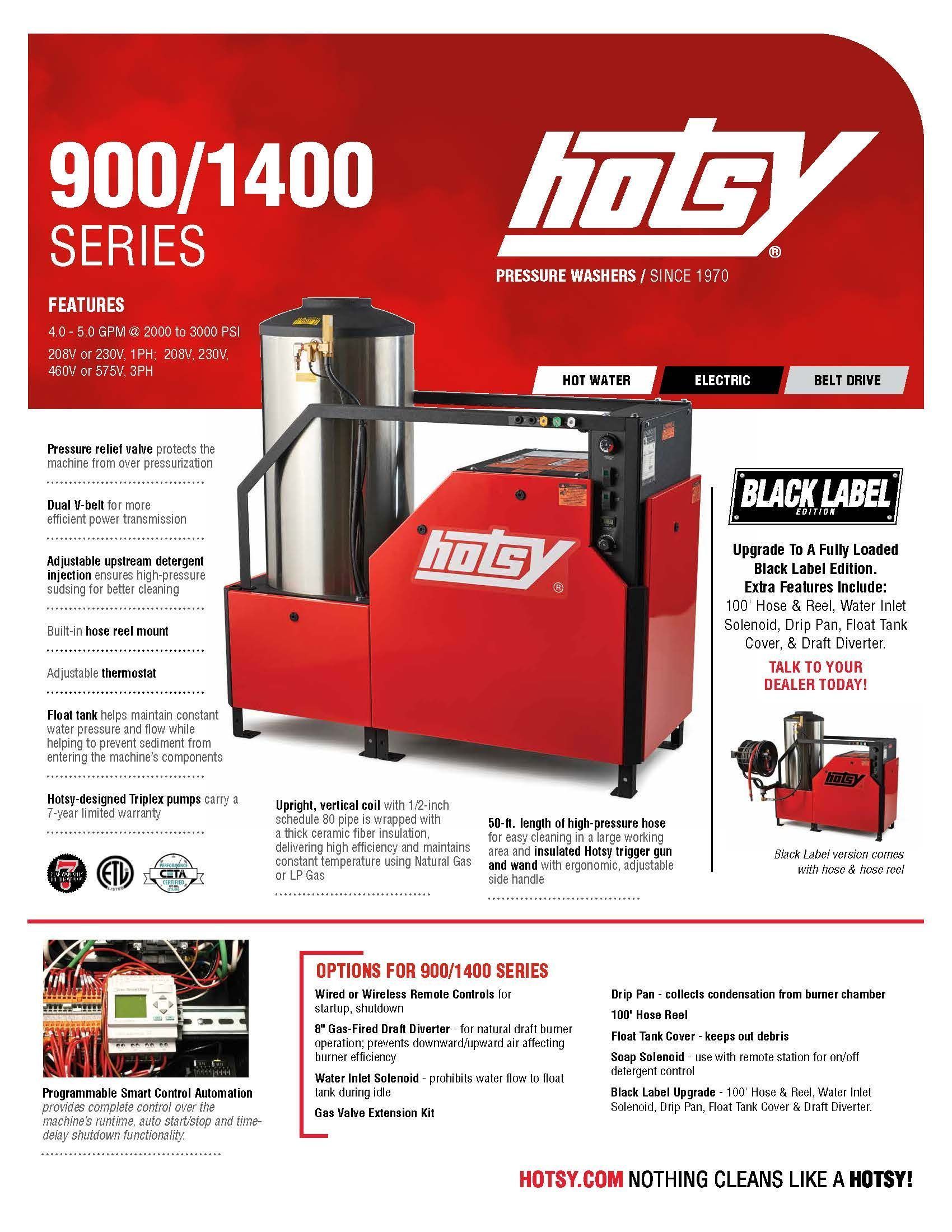 Red and white Hotsy 900/1400 series pressure washer product brochure with machine photo and specs