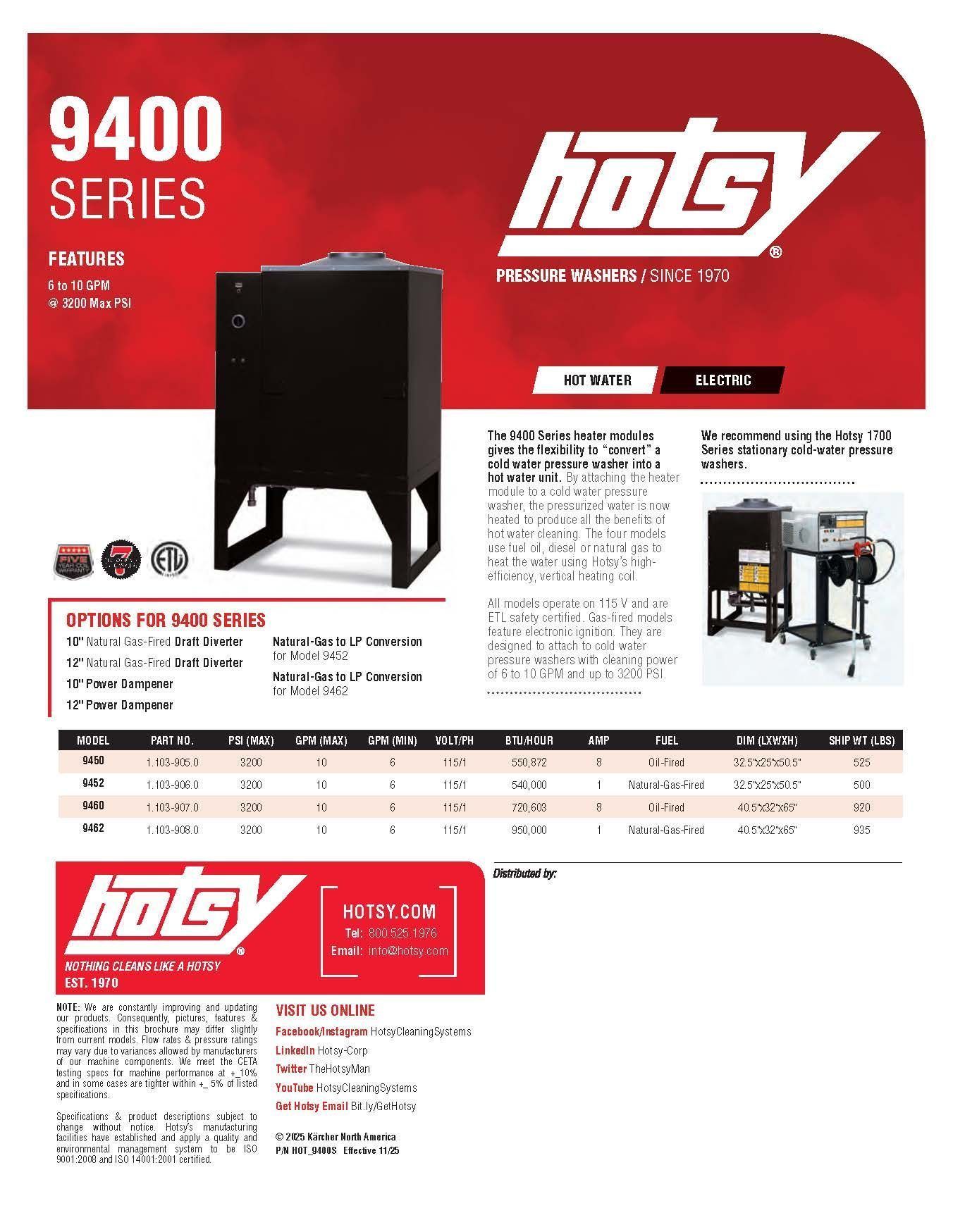 Hotsy 9400 Series pressure washer product sheet with red header and black unit photo