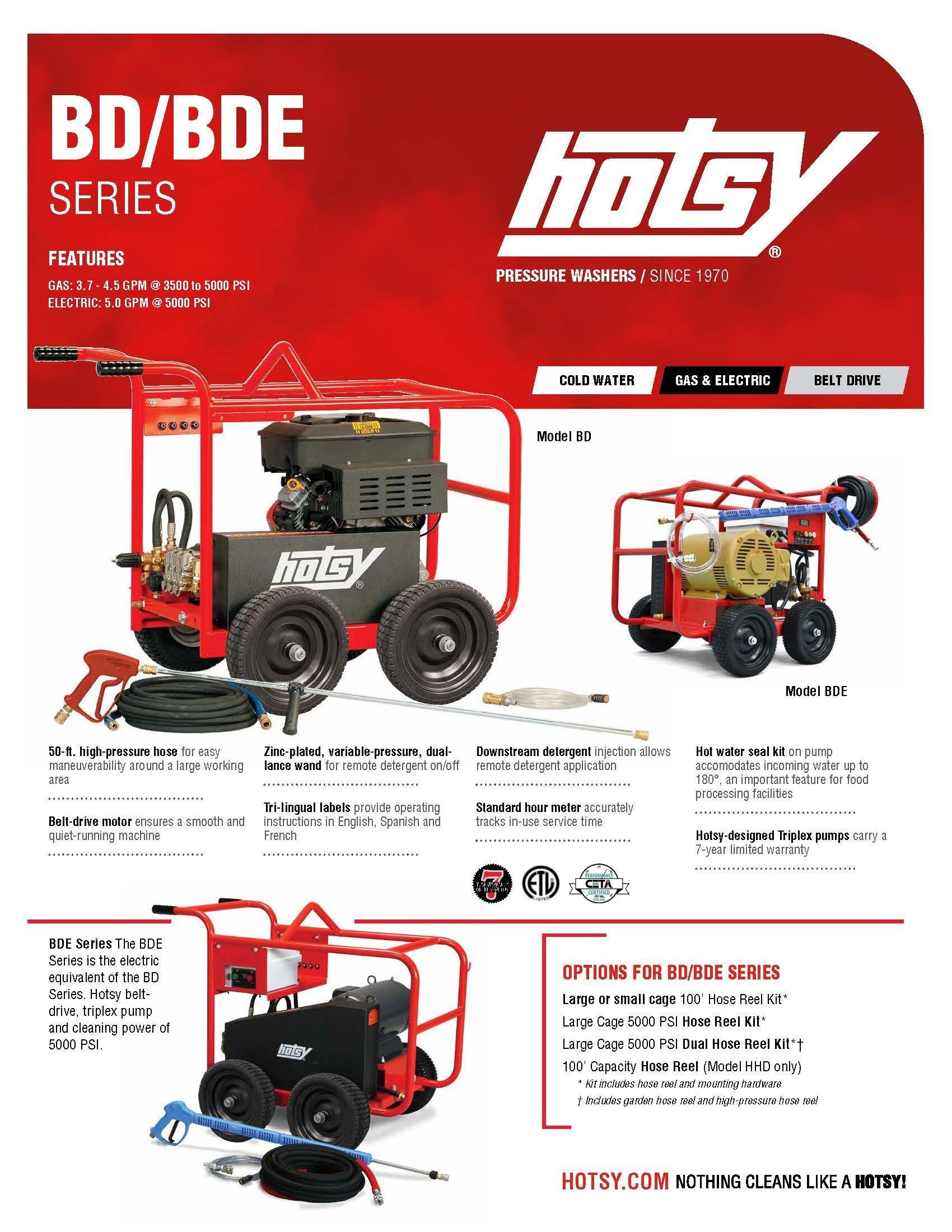 Hotsy BD/BDE Series pressure washer brochure with red industrial washer images and specs