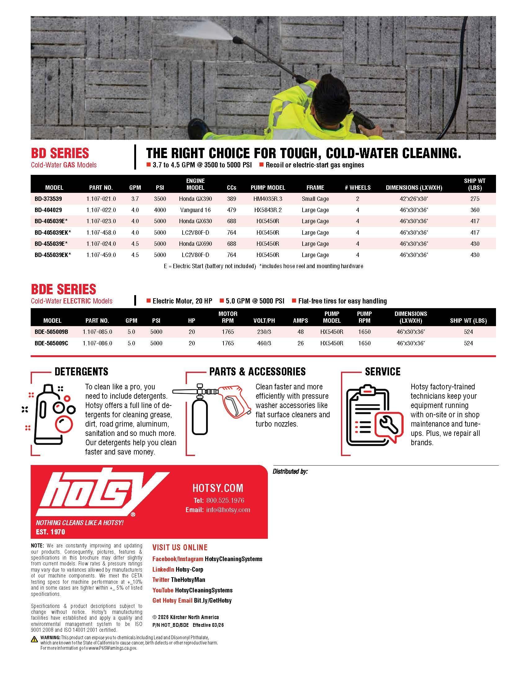 Hoty product chart and cleaning instructions with red logo and tables on a white flyer