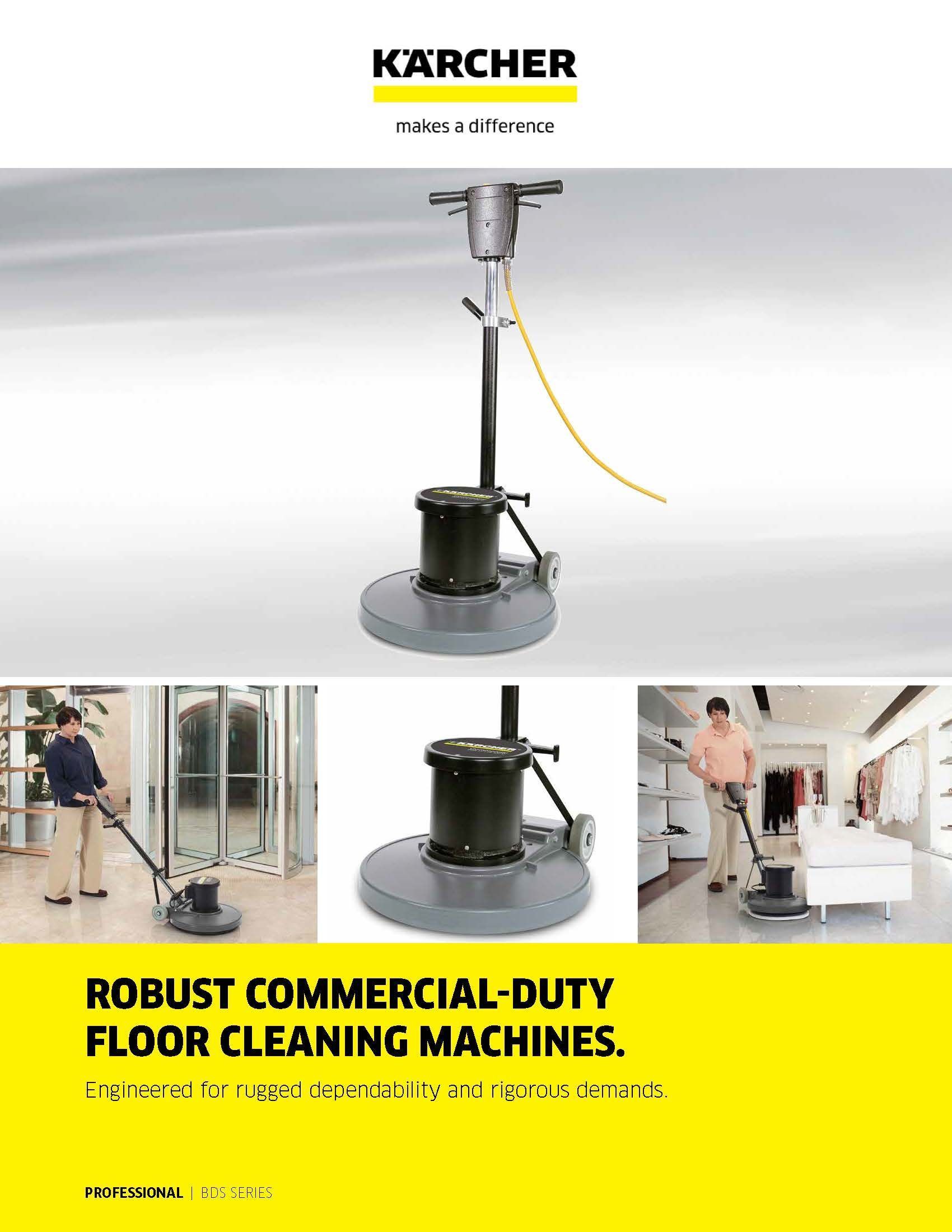 Kärcher commercial-duty floor cleaning machine shown in use in a bright indoor lobby.