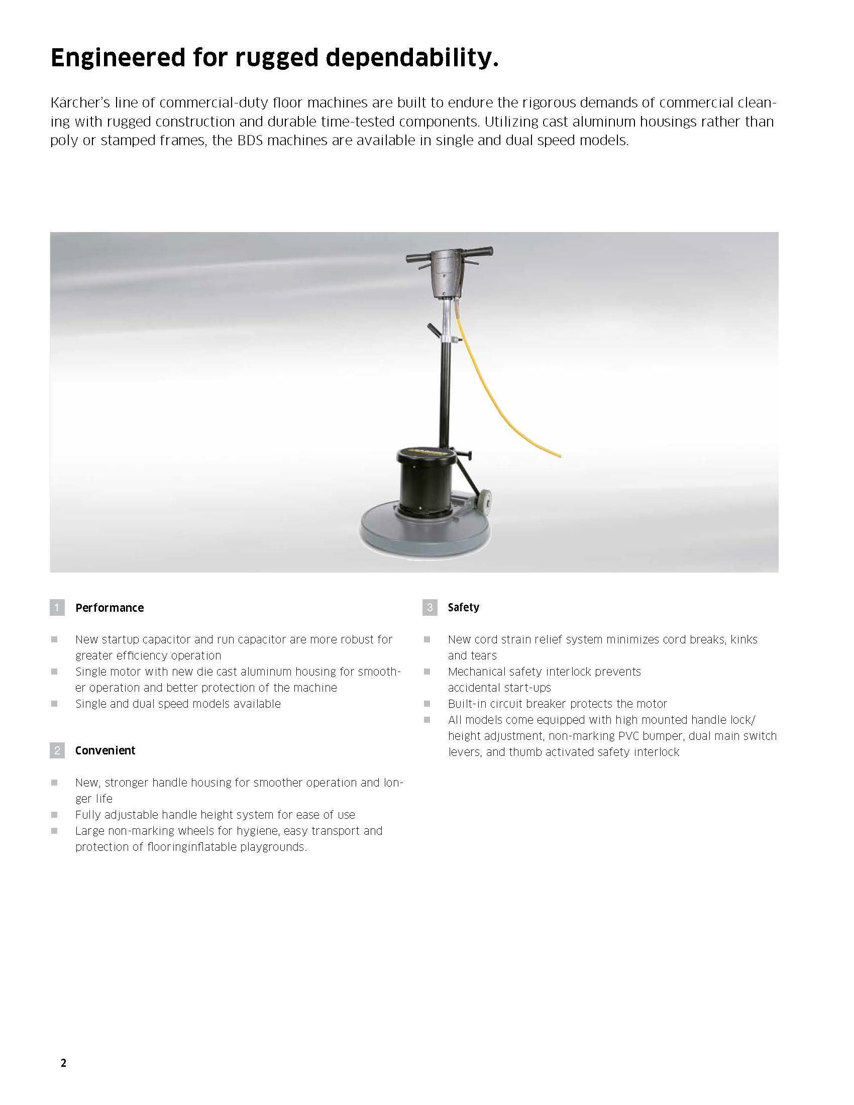 Product brochure page with a floor lamp and yellow cord under the heading “Engineered for rugged dependability.”