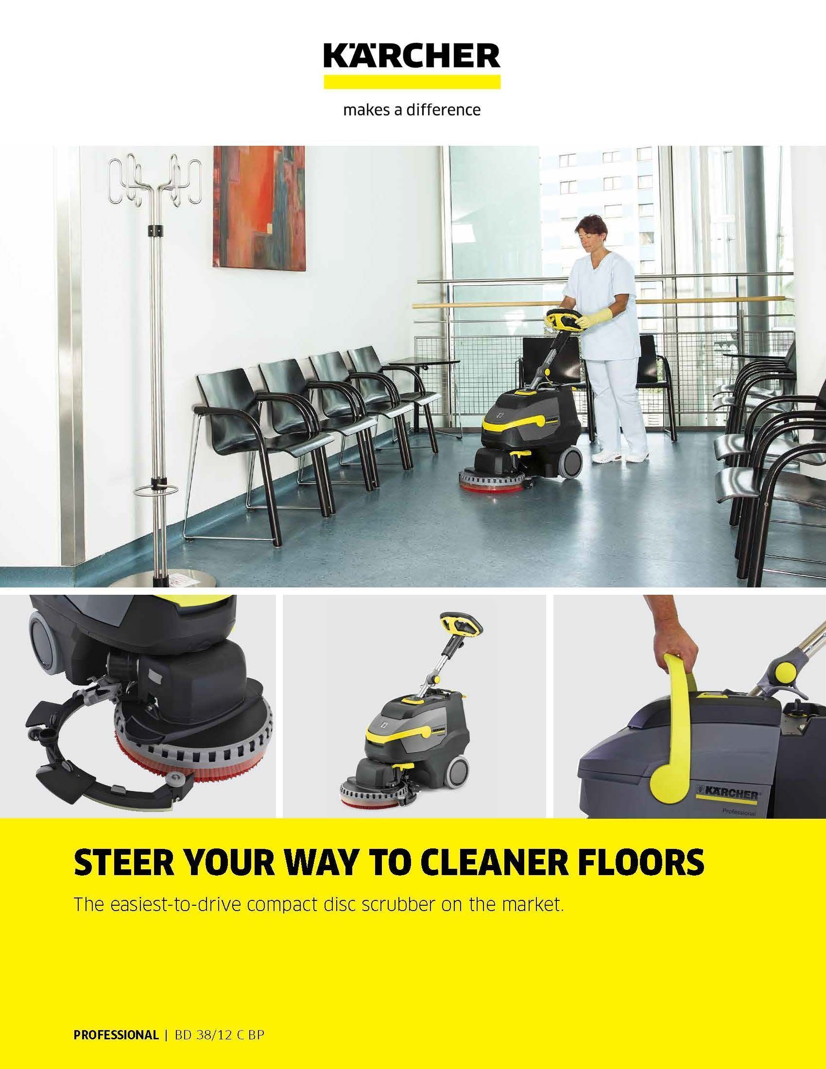 Kärcher floor scrubber in a bright lobby, with close-ups and headline “STEER YOUR WAY TO CLEANER FLOORS.”