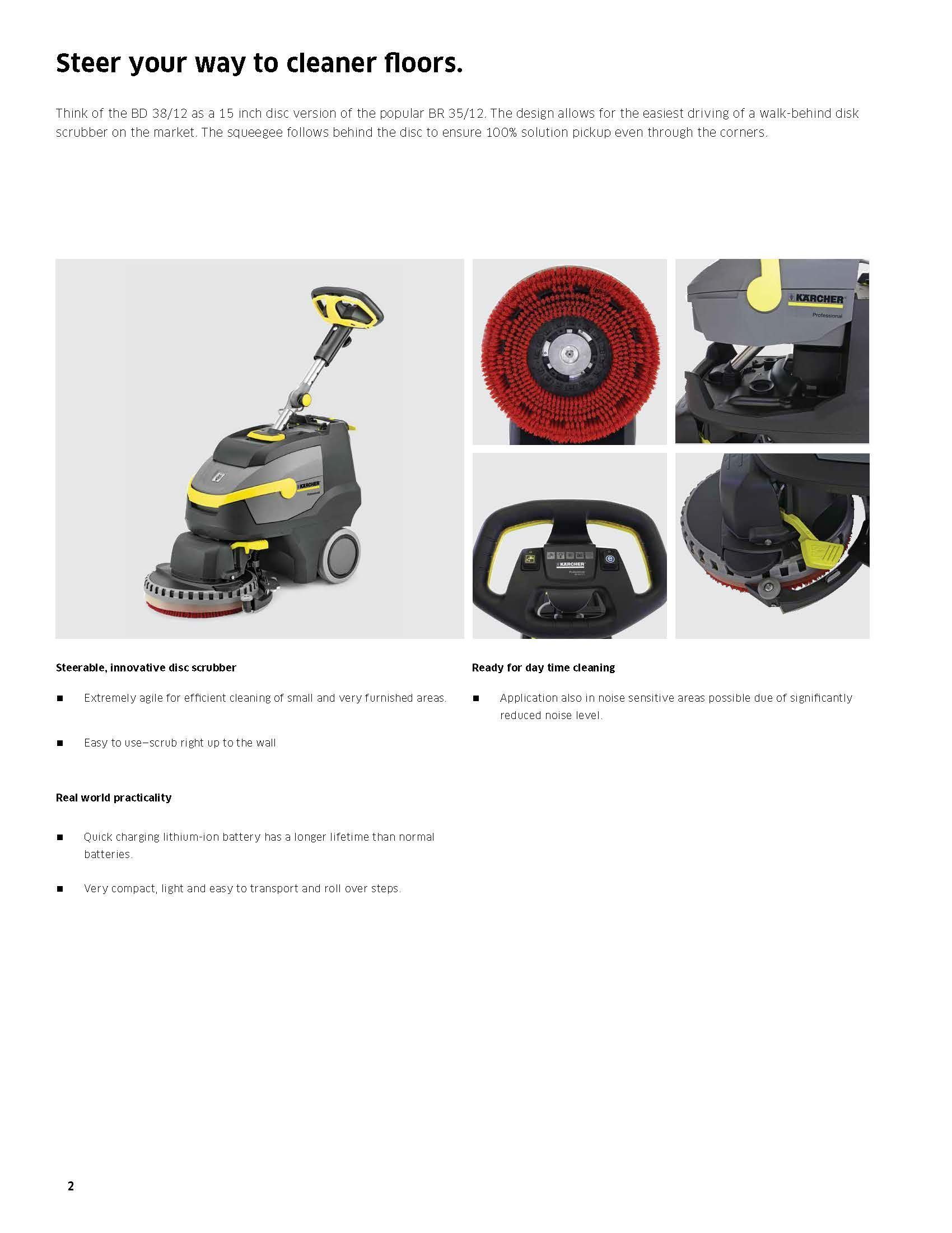 Brochure page showing a gray-and-yellow floor scrubber with close-up feature details.