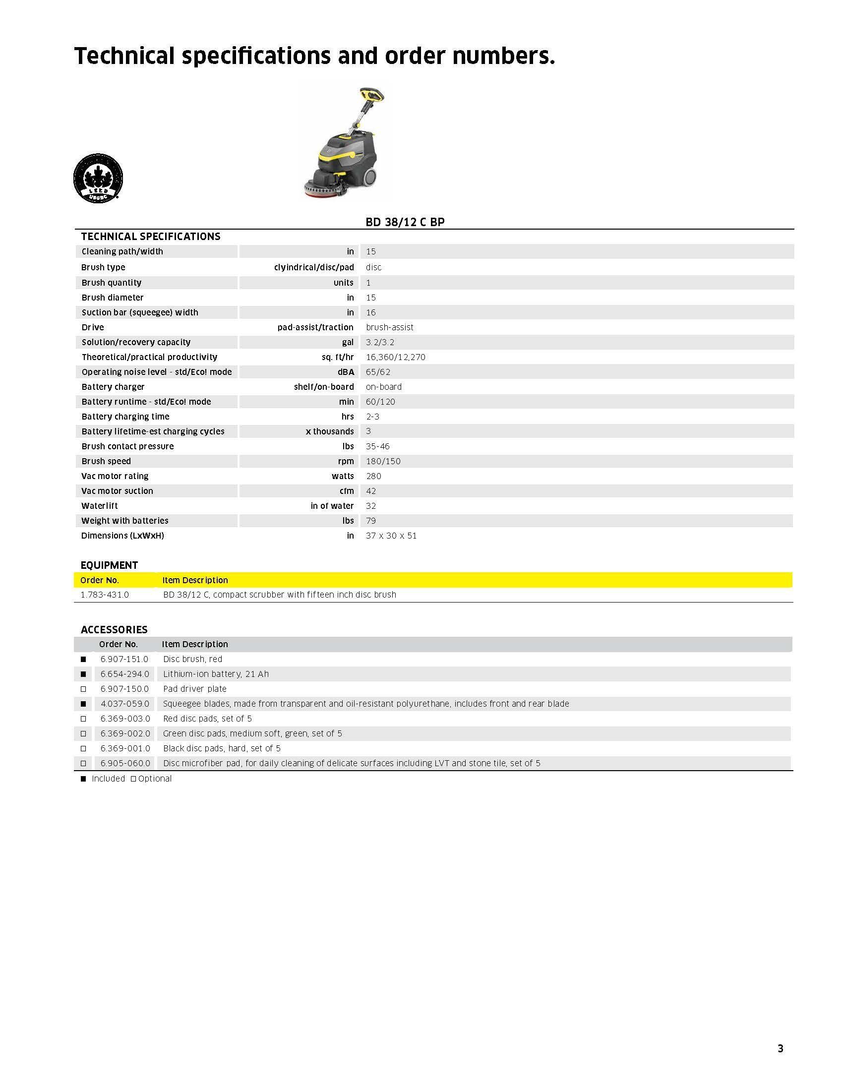 Technical specifications sheet for a yellow handheld power tool with model numbers and a parts list
