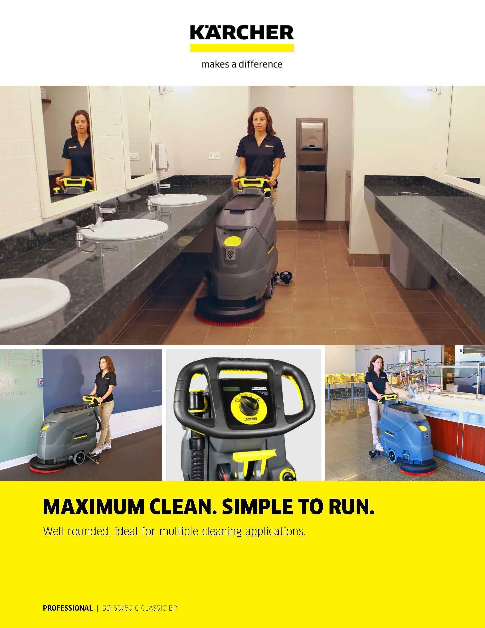 Kärcher commercial showing floor scrubber cleaning restroom floors with yellow banner “Maximum clean. Simple to run.”