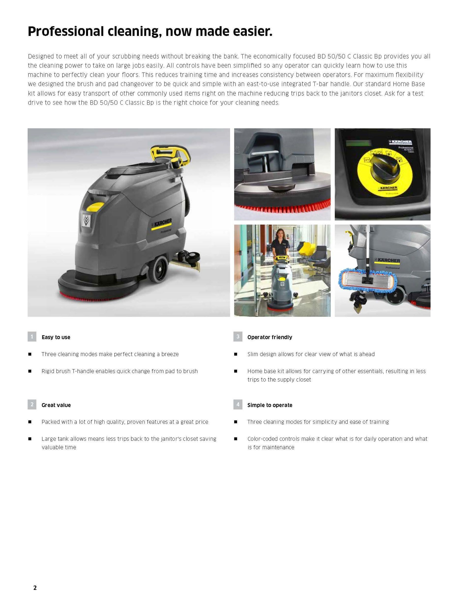 Brochure page showing a gray floor scrubber with yellow accents and feature callout photos, titled “Professional cleaning, now made easier.”