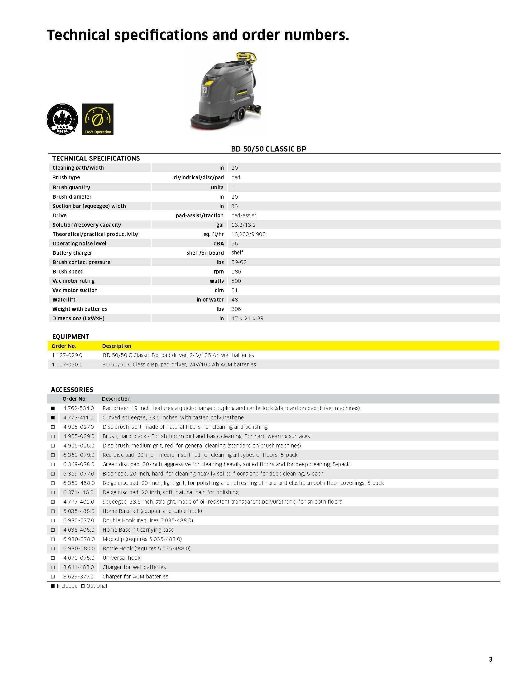 Technical specifications and order numbers for a gray machine on a product datasheet