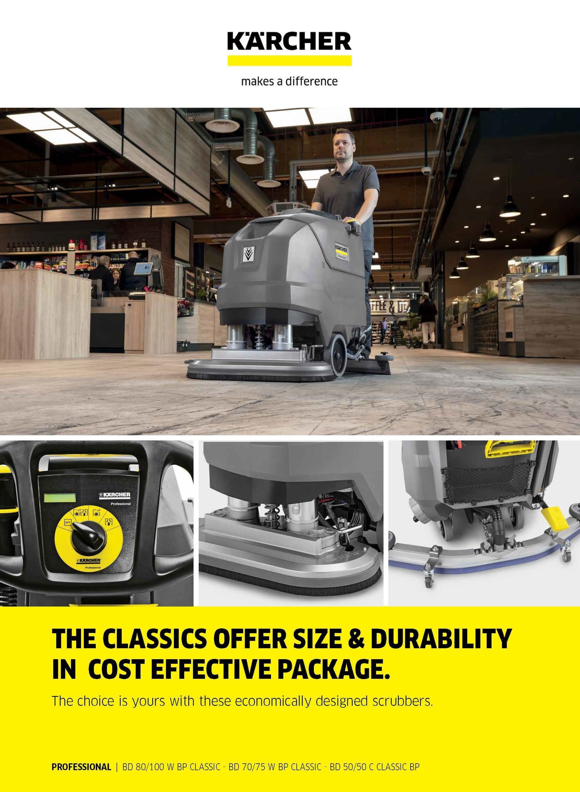Kärcher ad showing a man operating a gray floor scrubber in a warehouse, with close-up product details below