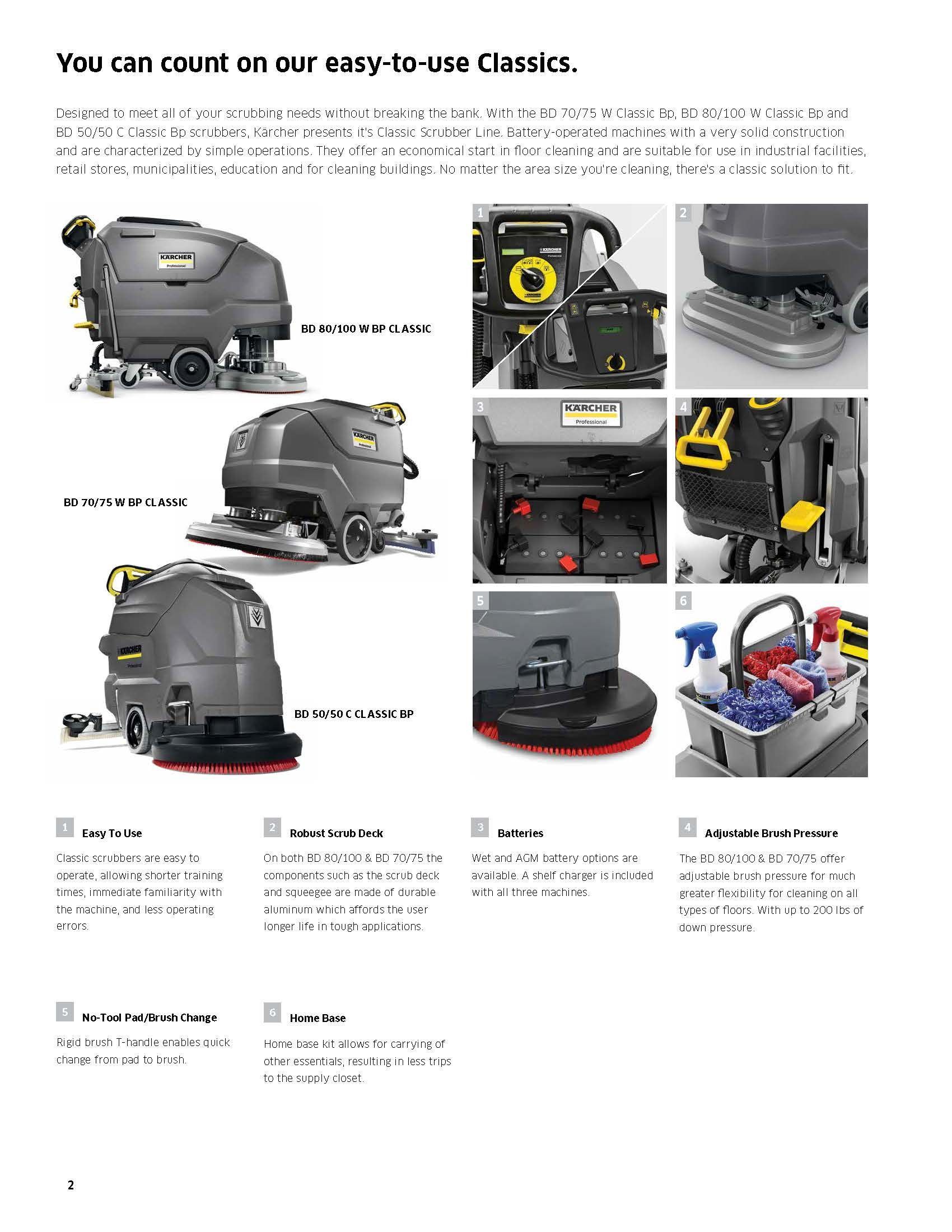 Brochure page showing a gray commercial scrubber with feature close-ups and labeled attachments