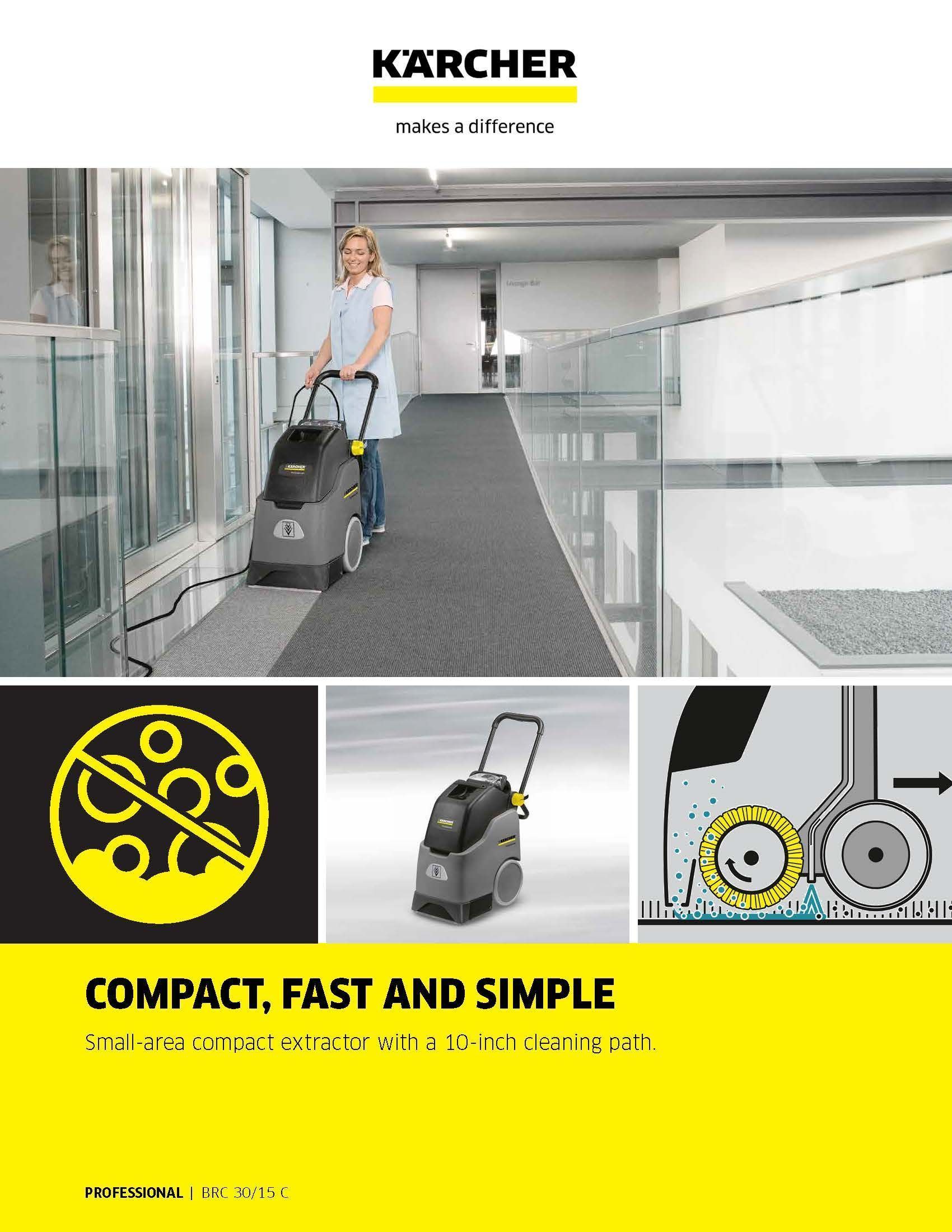 Woman pushing a Kärcher floor scrubber in a bright corridor with yellow promo text and product icons