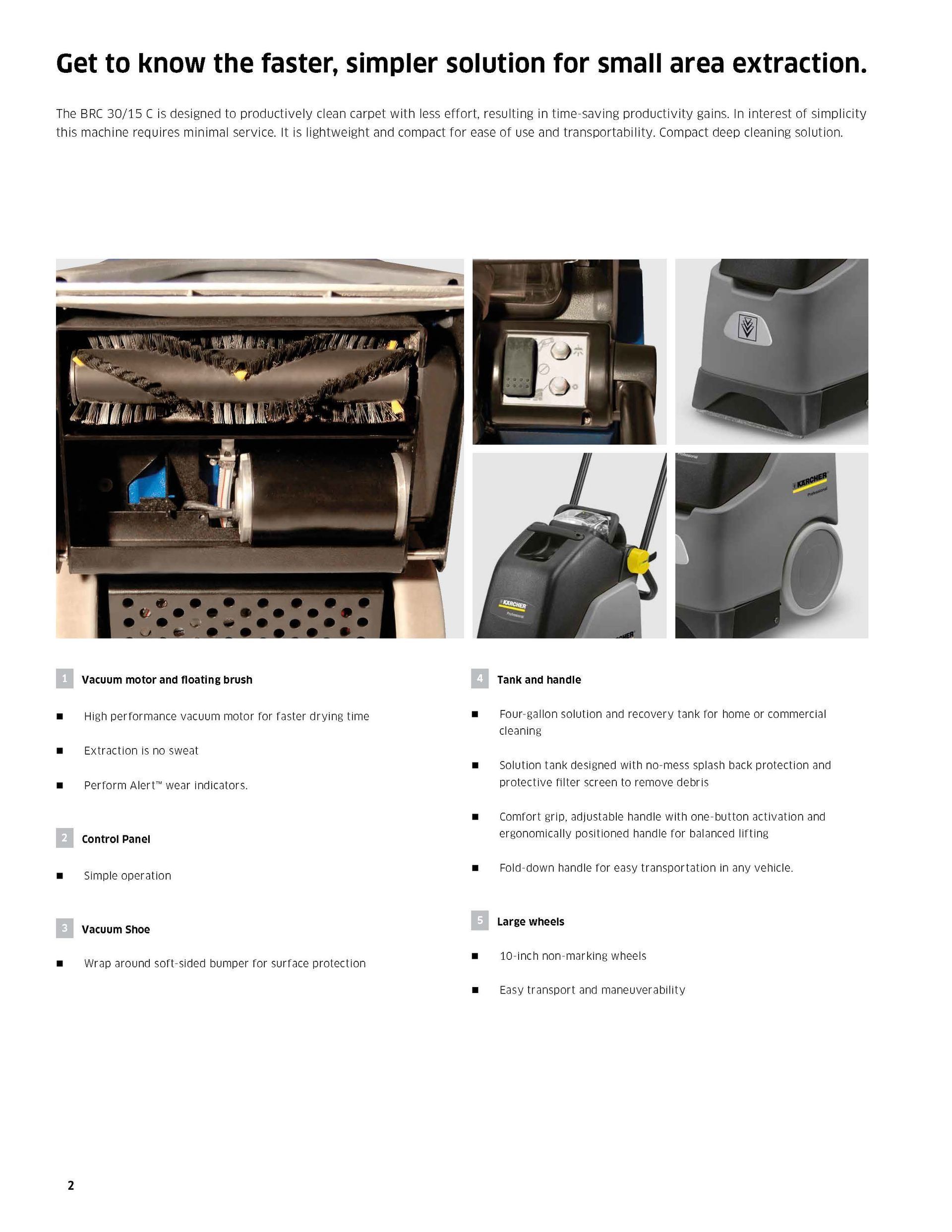 Industrial extractor machine shown in multiple views with feature callouts on a white product sheet