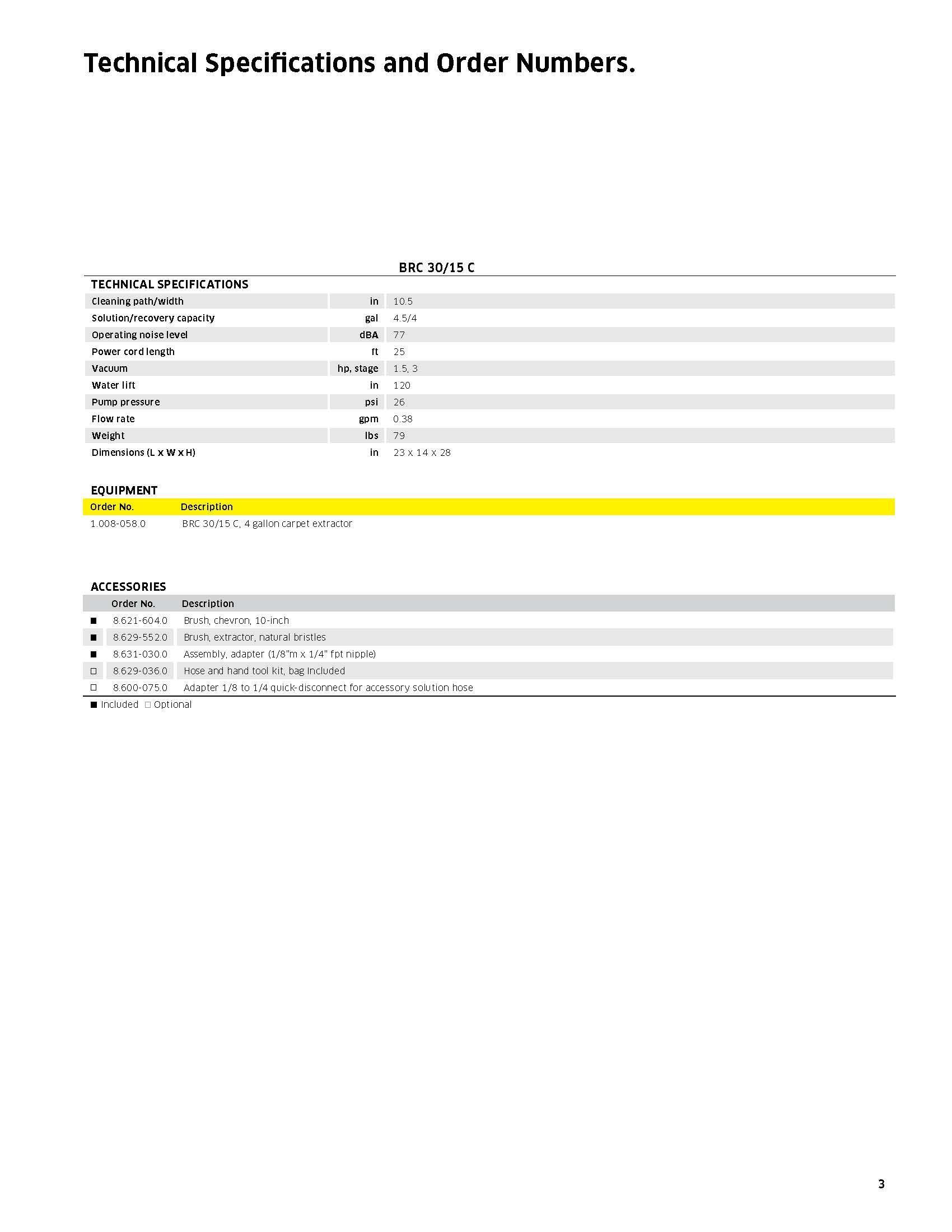 Technical specifications and order numbers table on a white document with a yellow highlighted section.