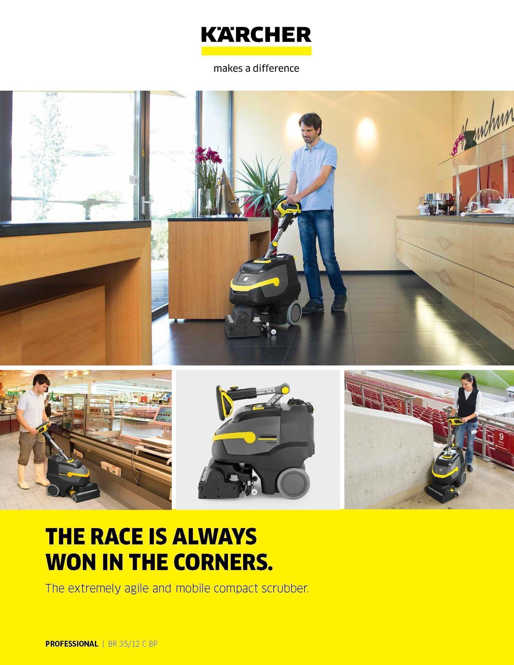 Kärcher floor scrubber in a store; bold yellow ad reads, “THE RACE IS ALWAYS WON IN THE CORNERS.”