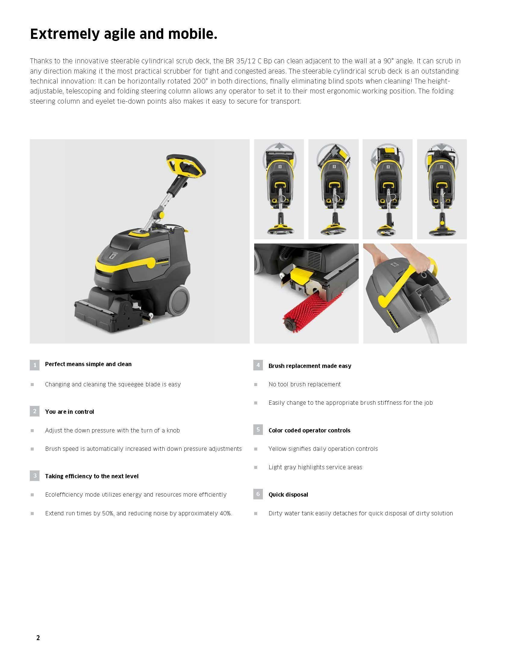 Product page showing a yellow-and-black floor scrubber with multiple angle views and feature callouts