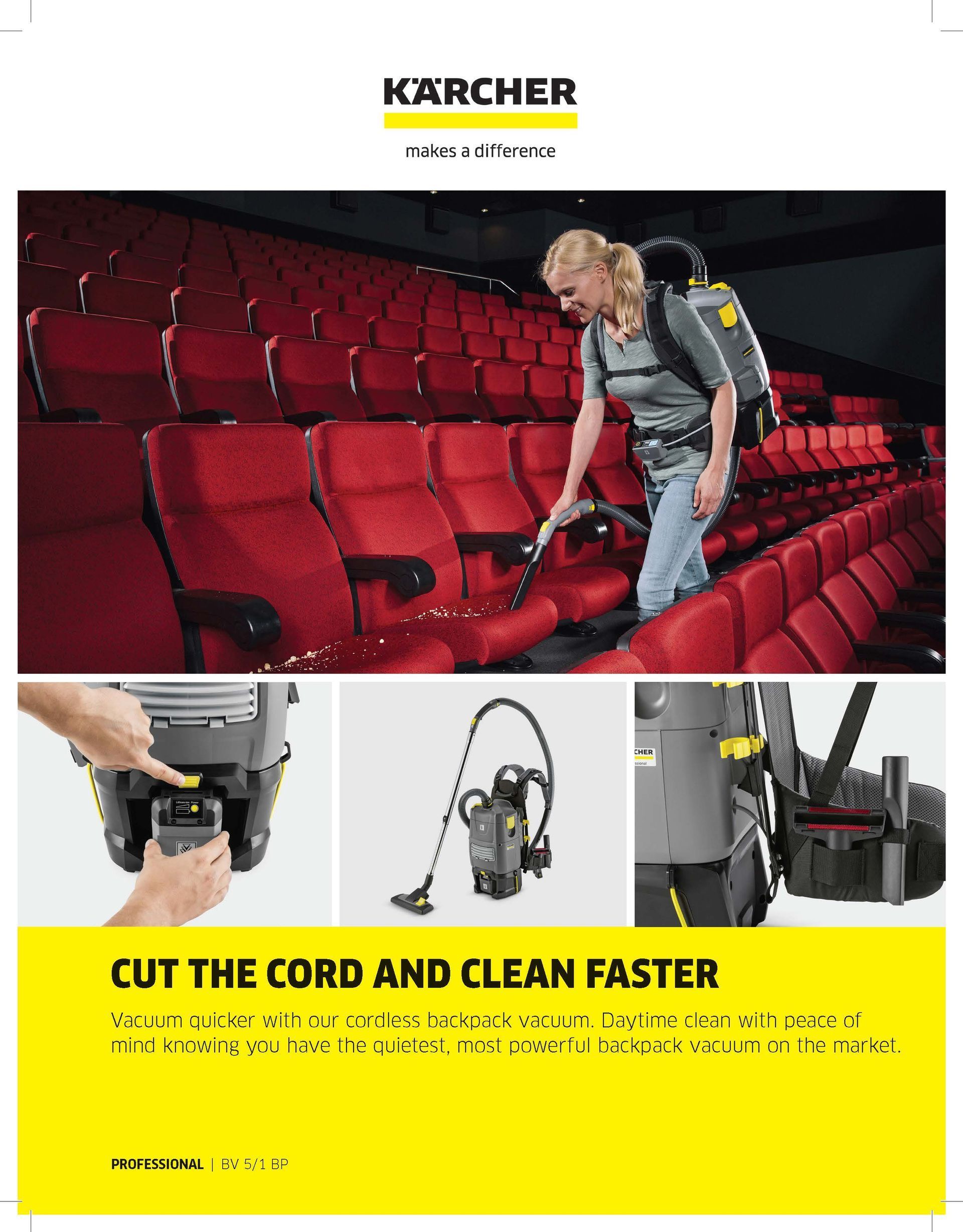 Kärcher ad showing a cleaner using a cordless vacuum in red theater seats, with product close-ups below