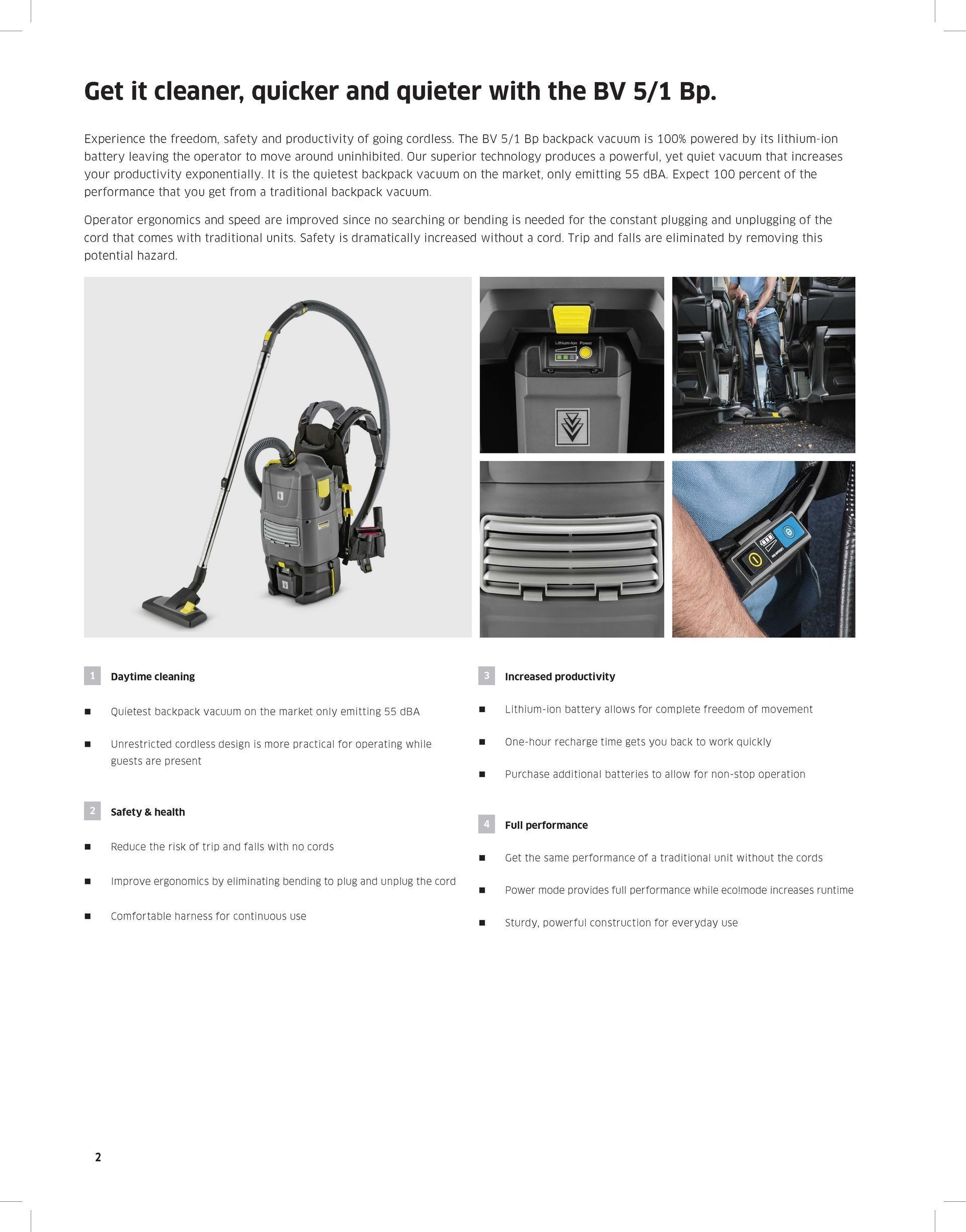 Product brochure page showing a gray vacuum cleaner with close-up feature photos and bullet-point specs.