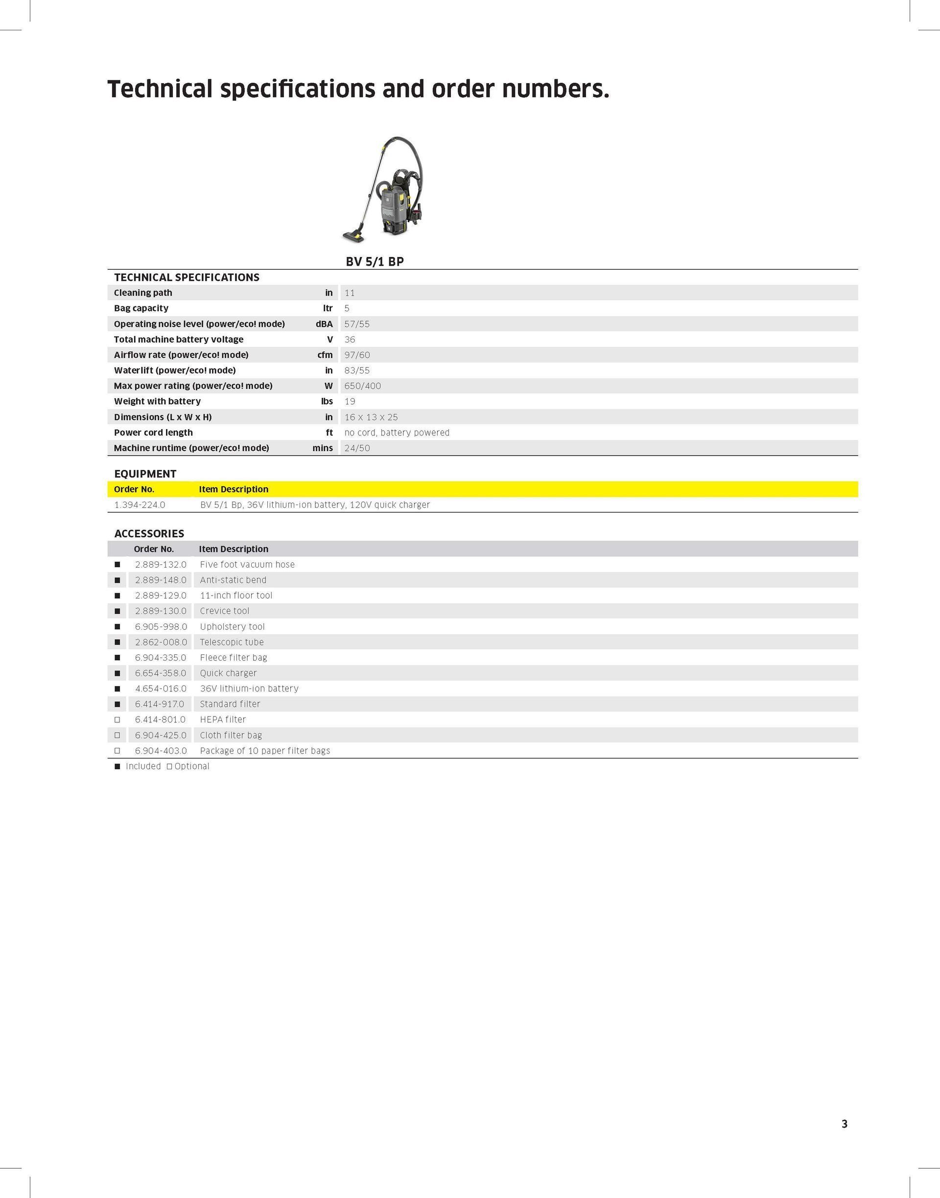 Technical specifications and order numbers table with a small product illustration