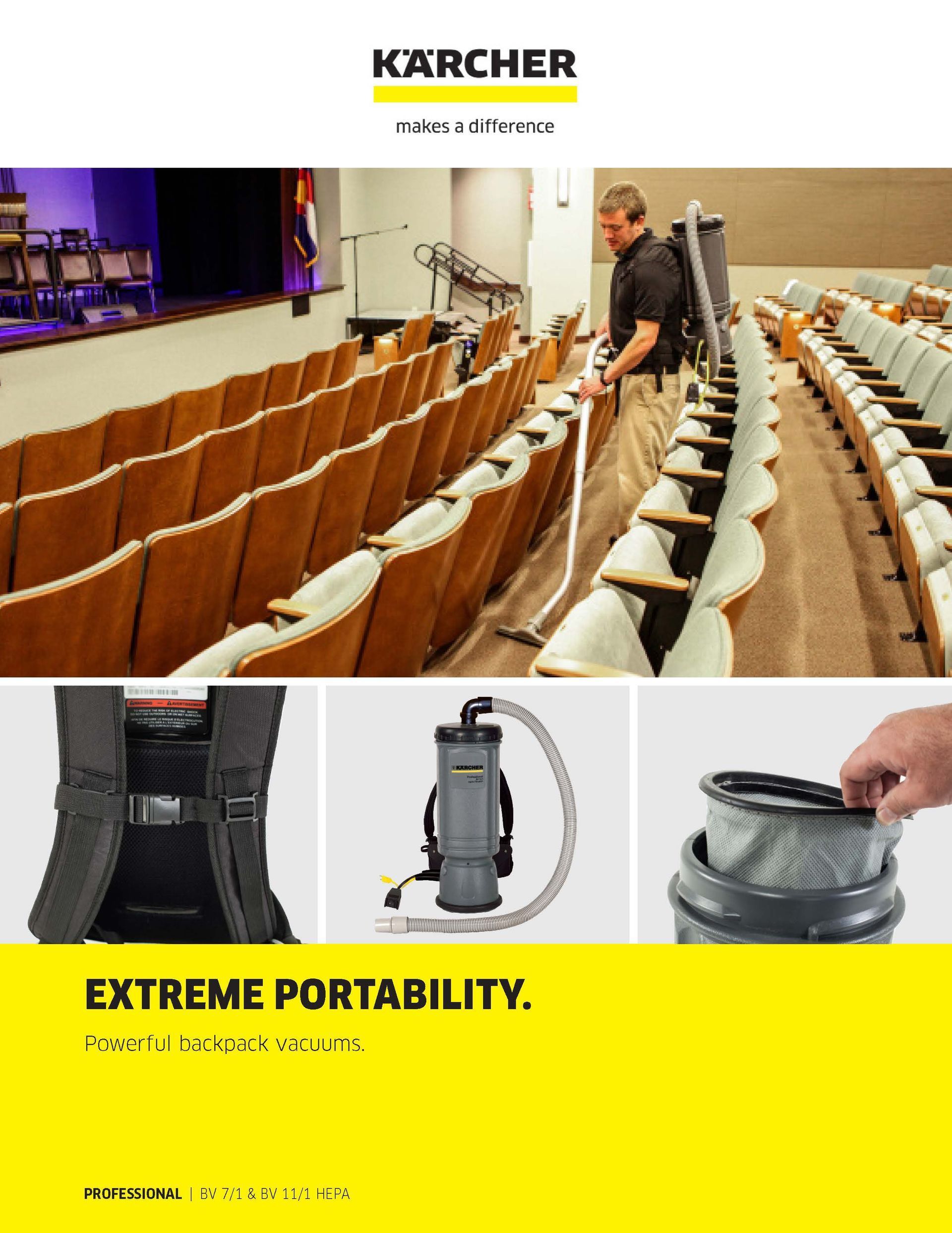 Kärcher promo showing a man vacuuming auditorium seats, with product close-ups and the text “EXTREME PORTABILITY.”