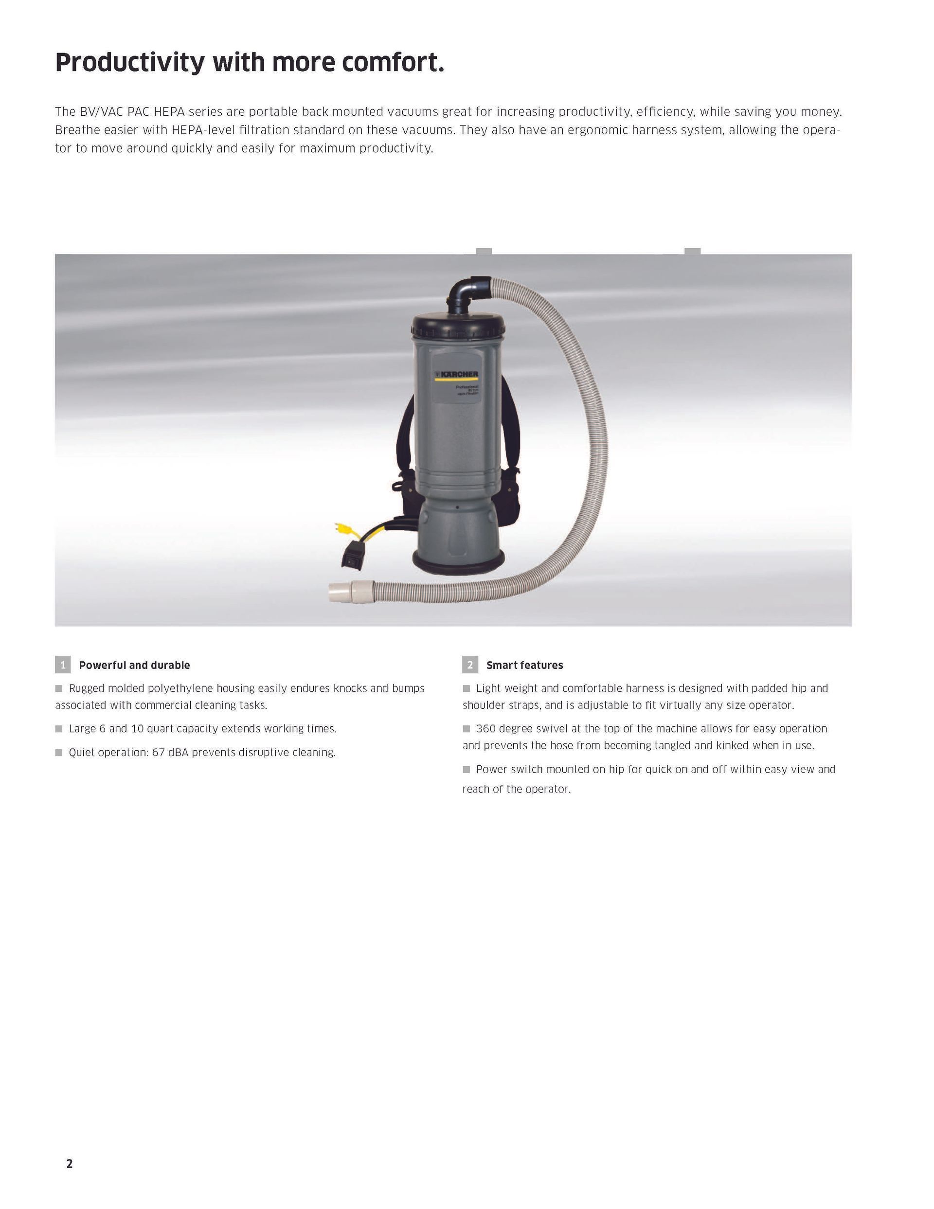 Industrial vacuum cleaner with hose and attachments on a gray background, under “Productivity with more comfort” text