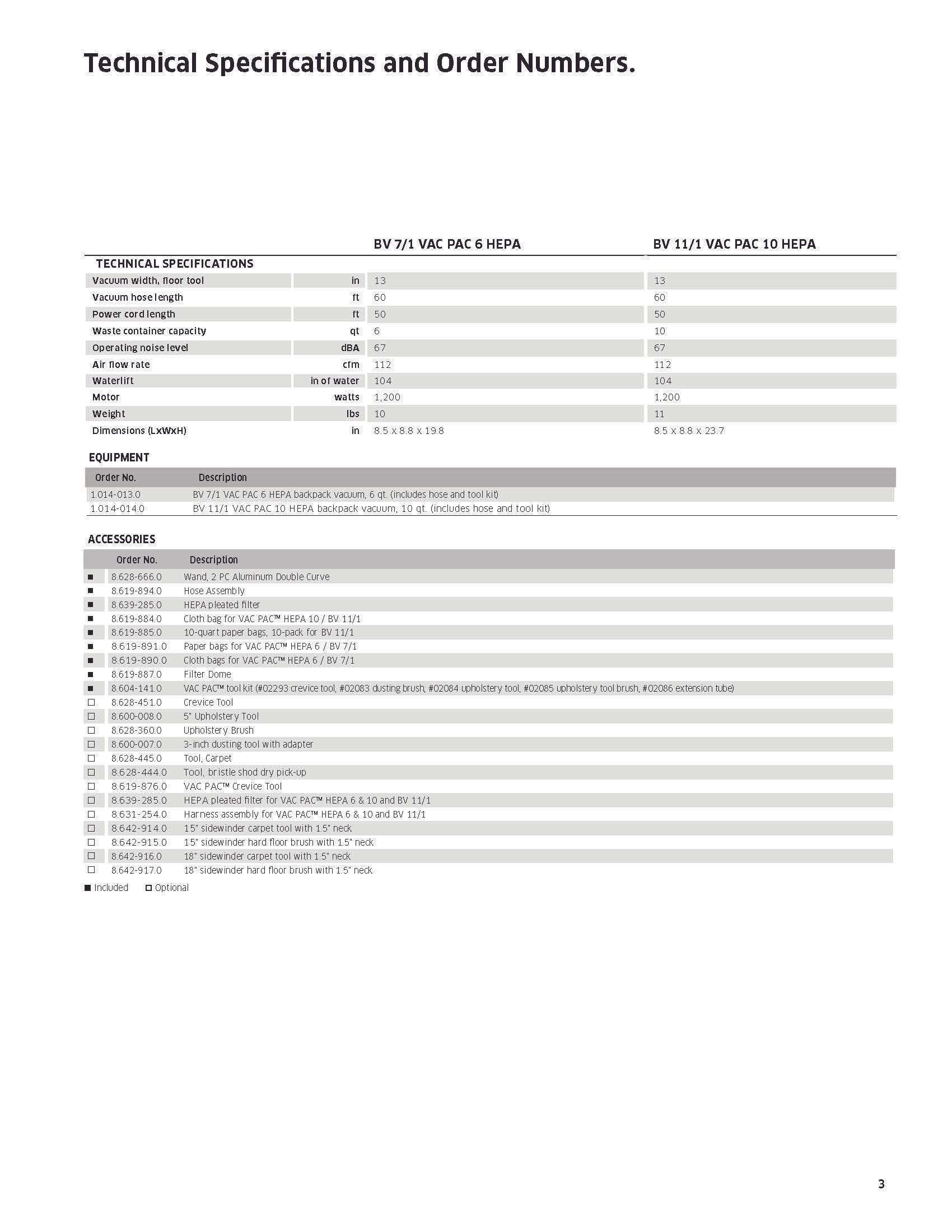Technical specifications and order numbers table on a white document page.