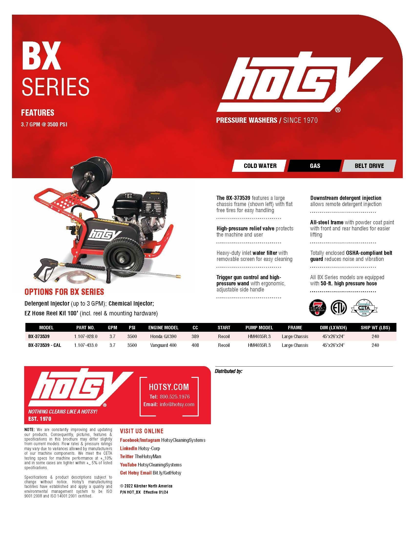 Hoty BX Series flyer with red header, drill press photo, and product specs on white background
