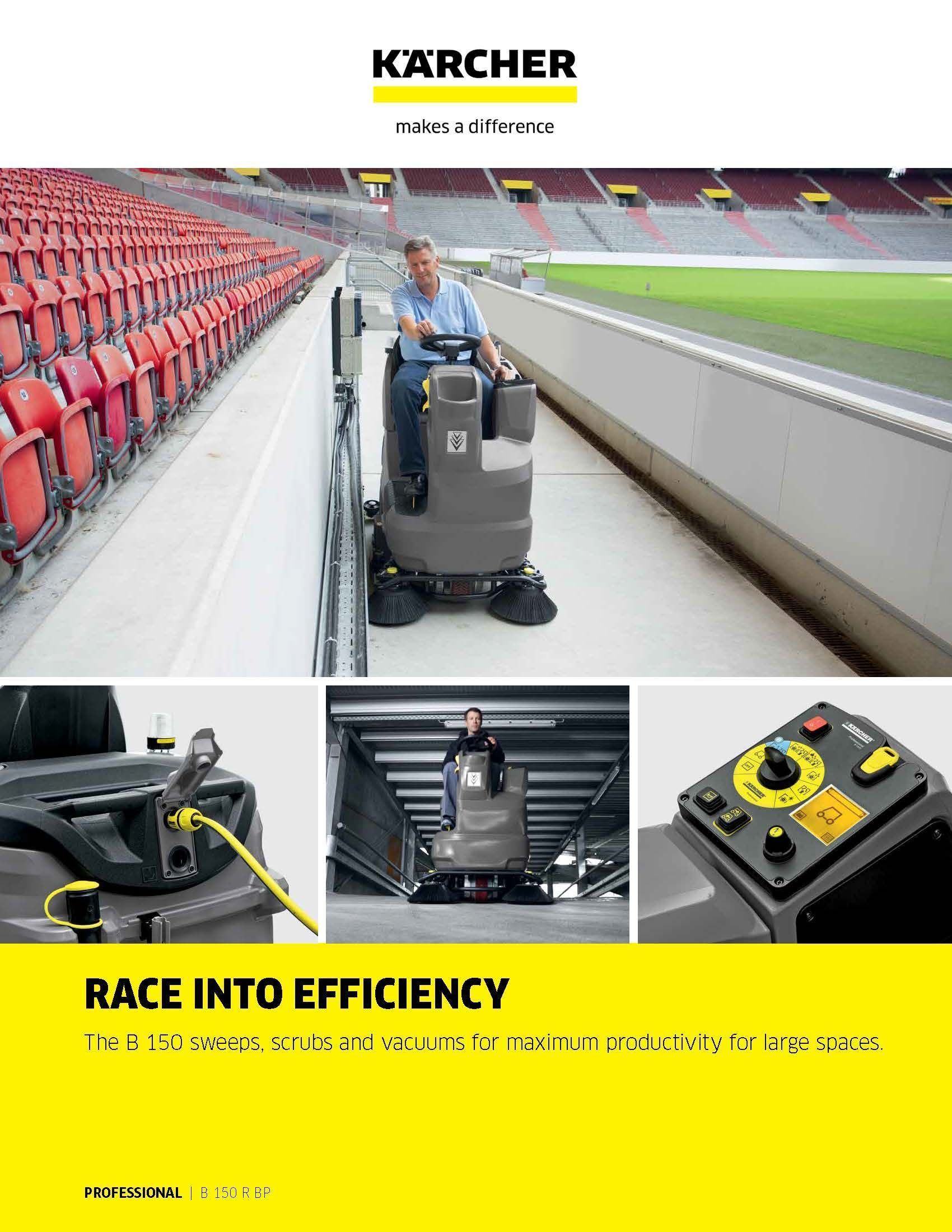 Kärcher floor scrubber cleaning stadium steps; yellow ad with machine close-ups and “Race into efficiency.”