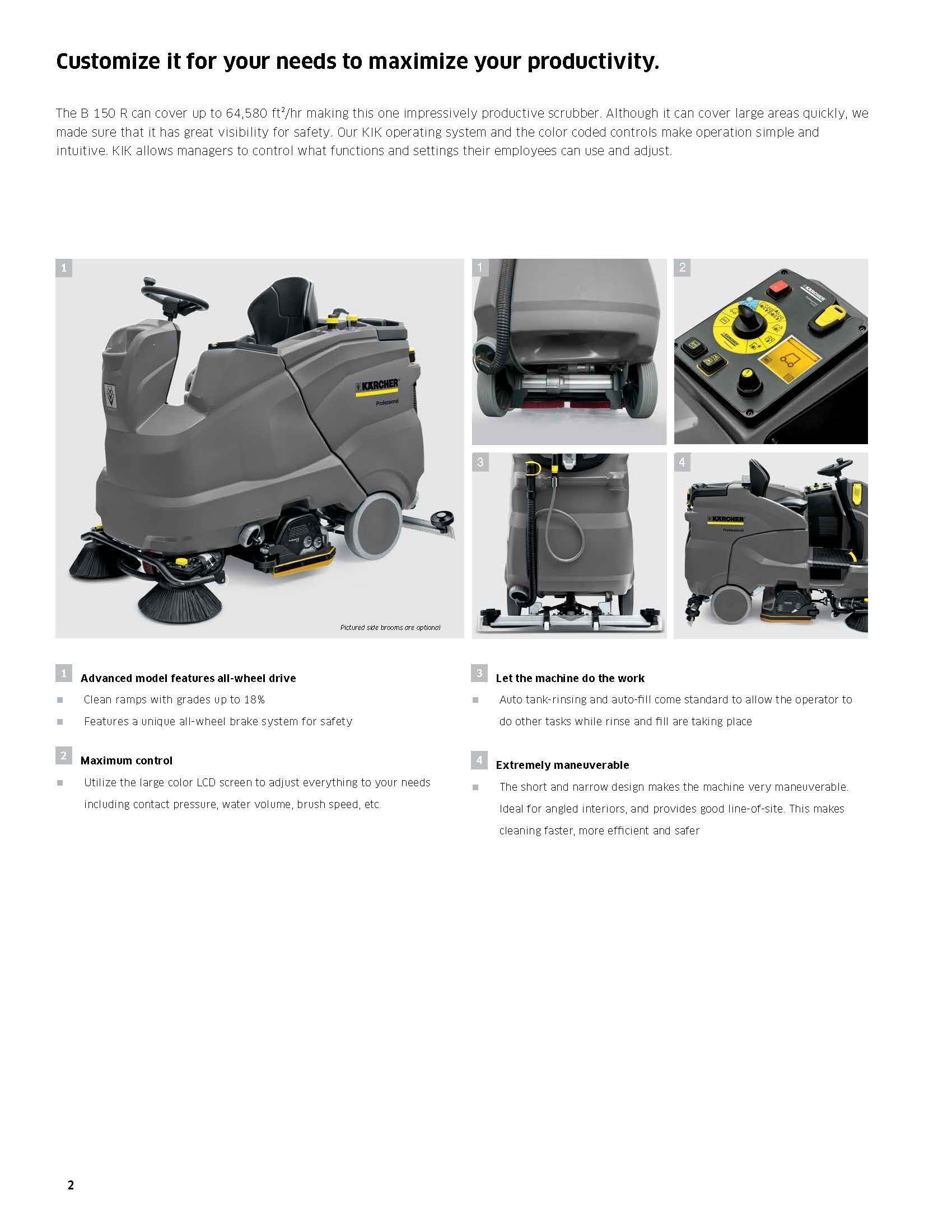 Gray ride-on floor scrubber with yellow controls, shown in multiple detail views on a white brochure page