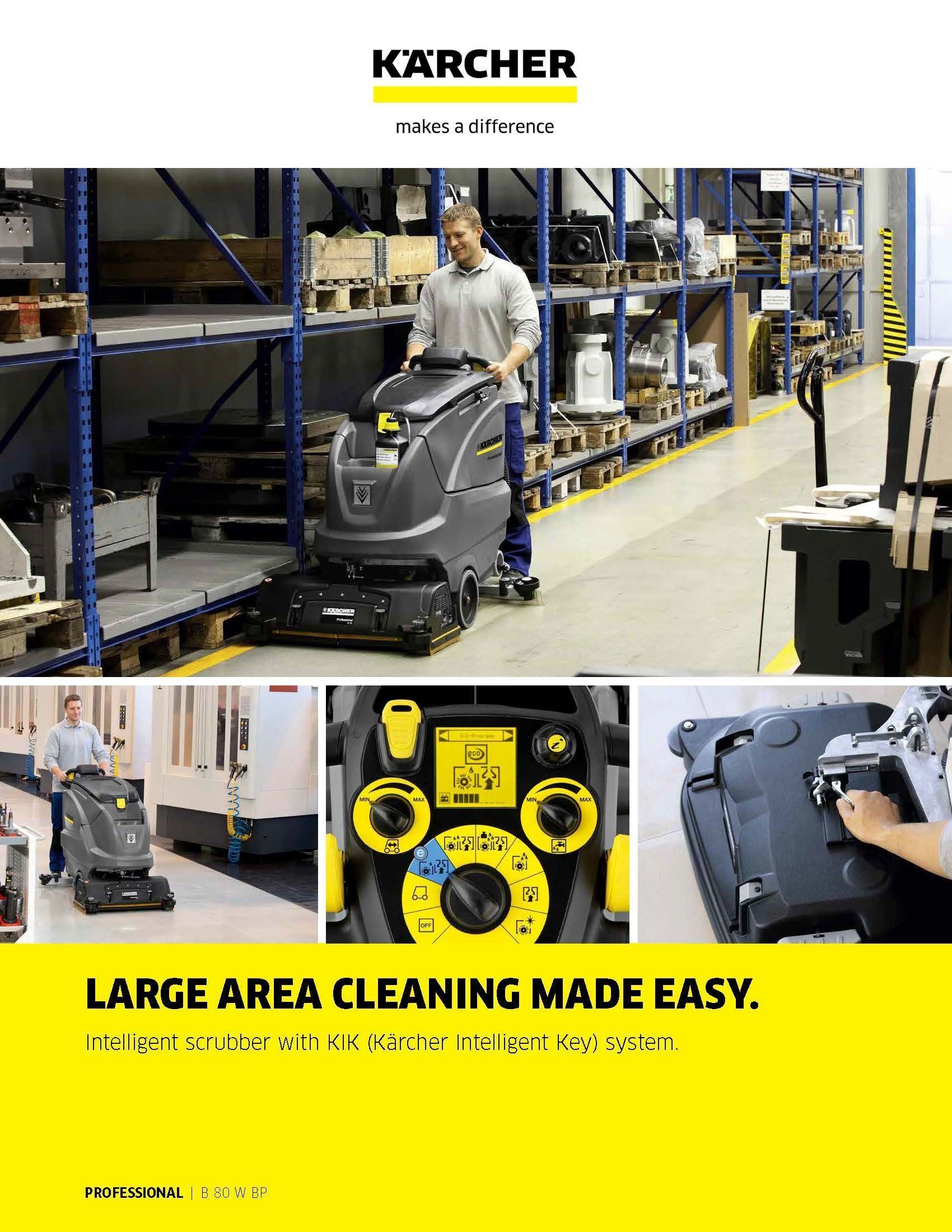 Kärcher floor scrubber in warehouse; yellow promo banner says “Large area cleaning made easy”