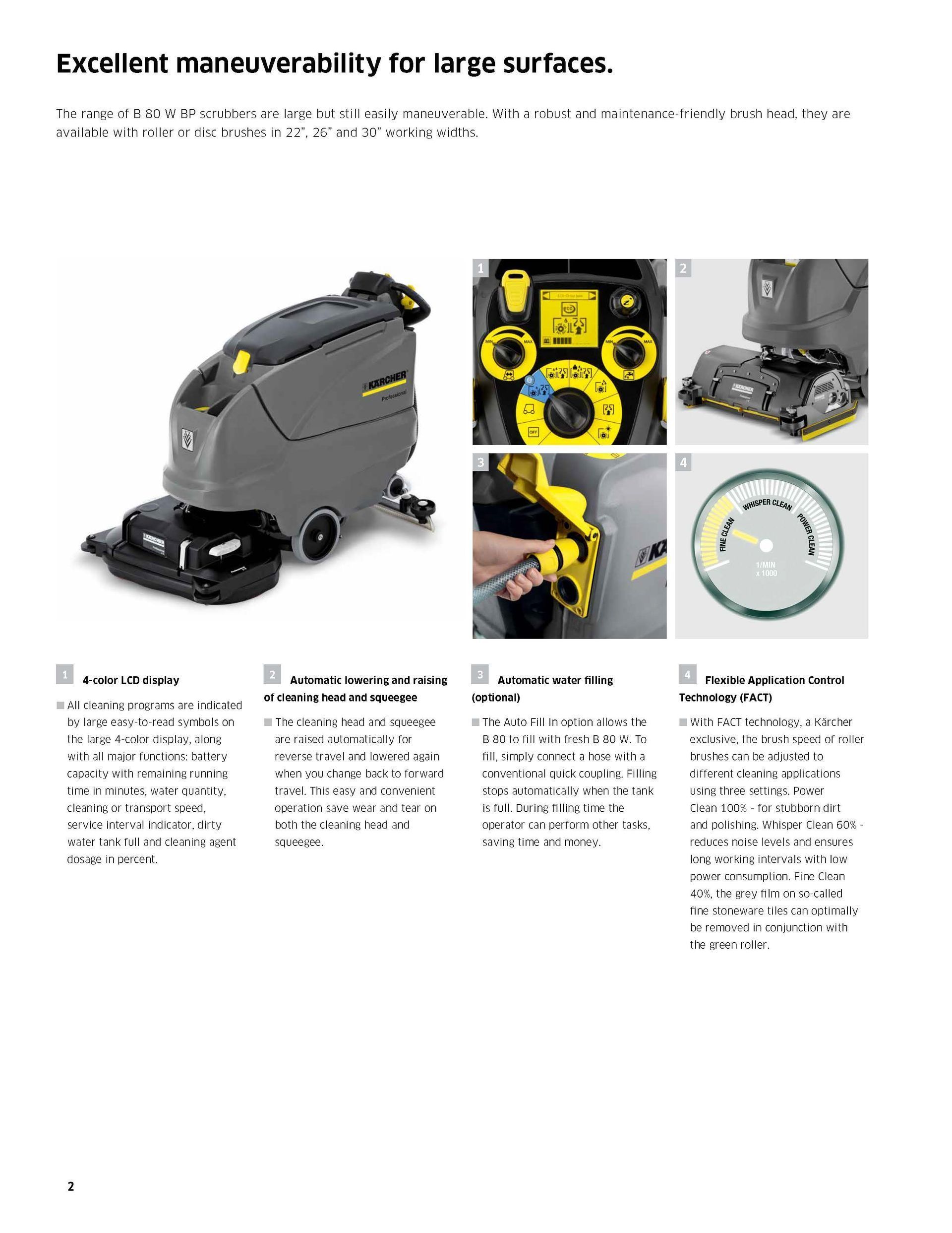 Gray floor-cleaning machine on a brochure page with feature photos and text about maneuverability